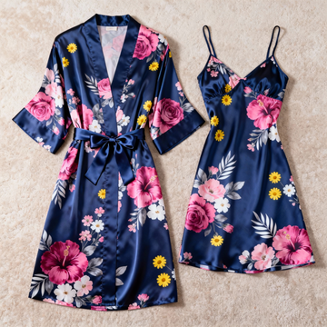 Flowy Floral Satin Robe & Slip Set - Women's Nightwear