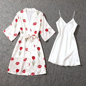 Feminine Floral Satin Robe with Matching Nightgown
