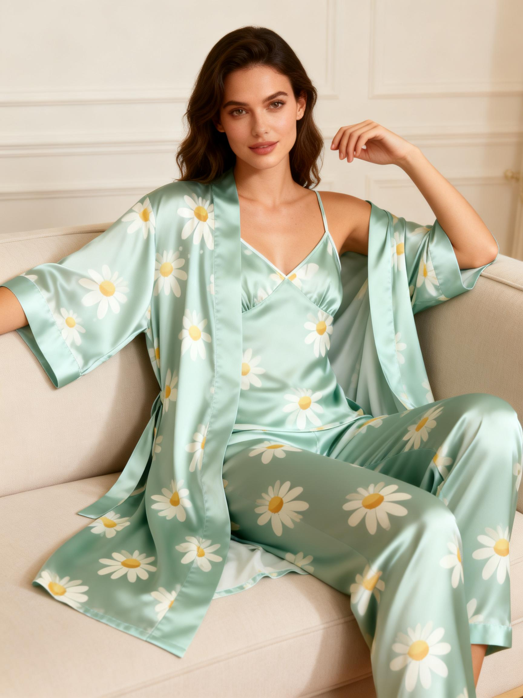 Women's Pajama Set-Satin 3-Piece Daisy Style