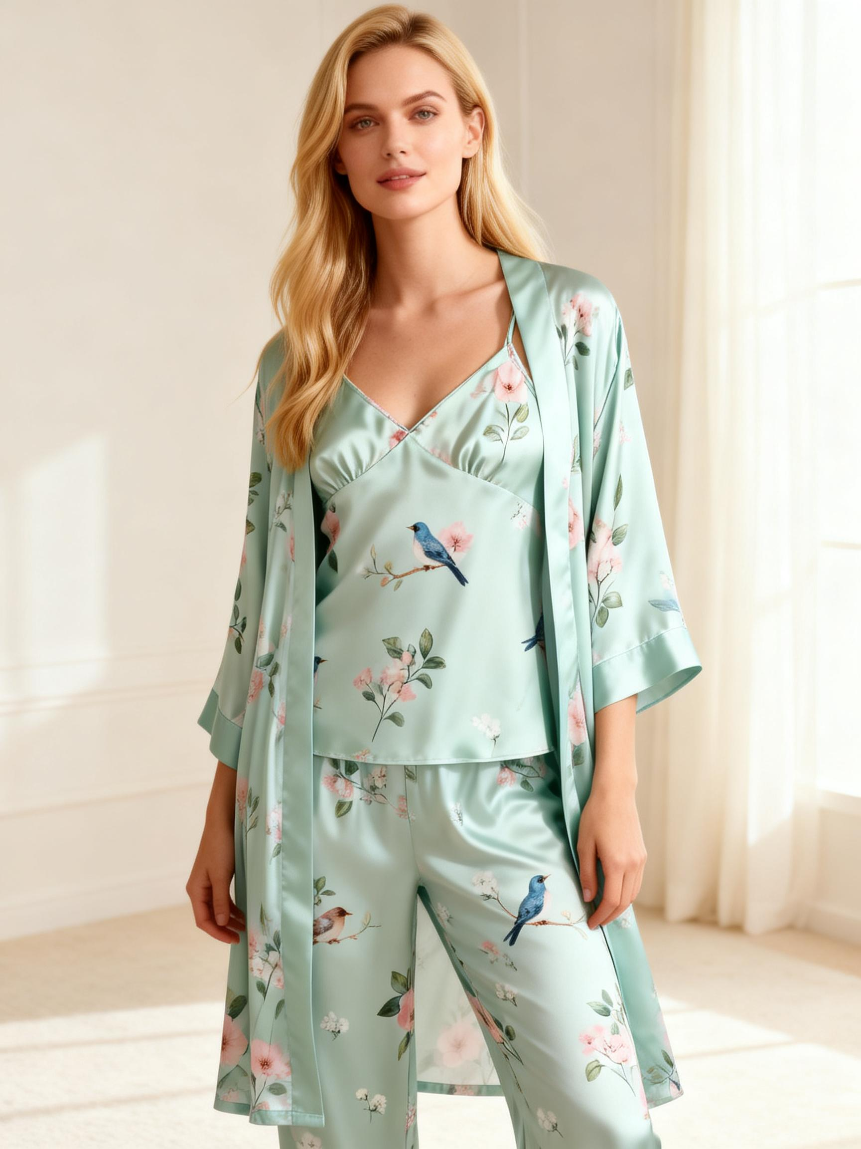 Women's 3-Piece Satin Floral Print Pajama Set