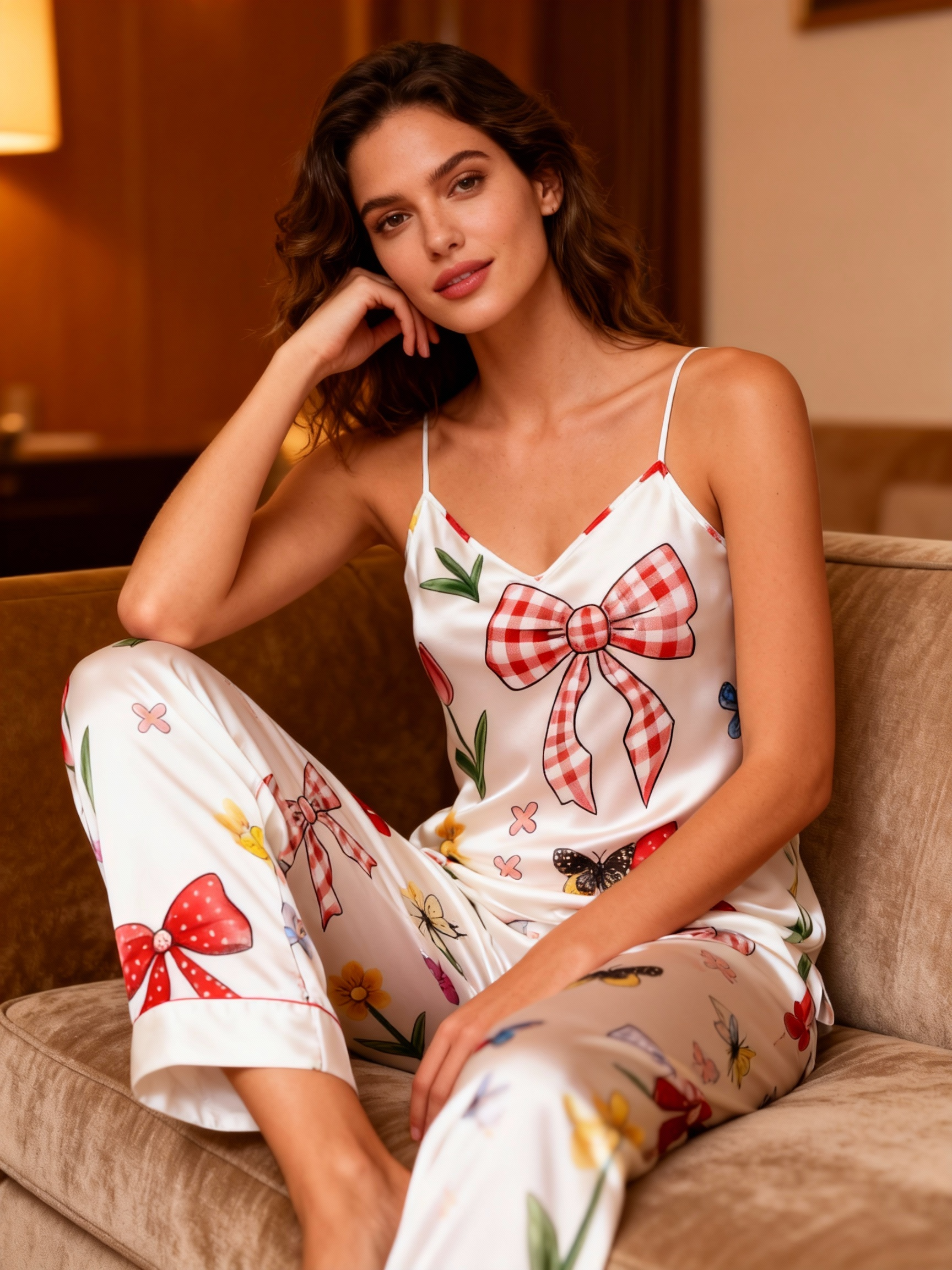 Women's 3pcs Bow-Adorned Satin Sleepwear Set