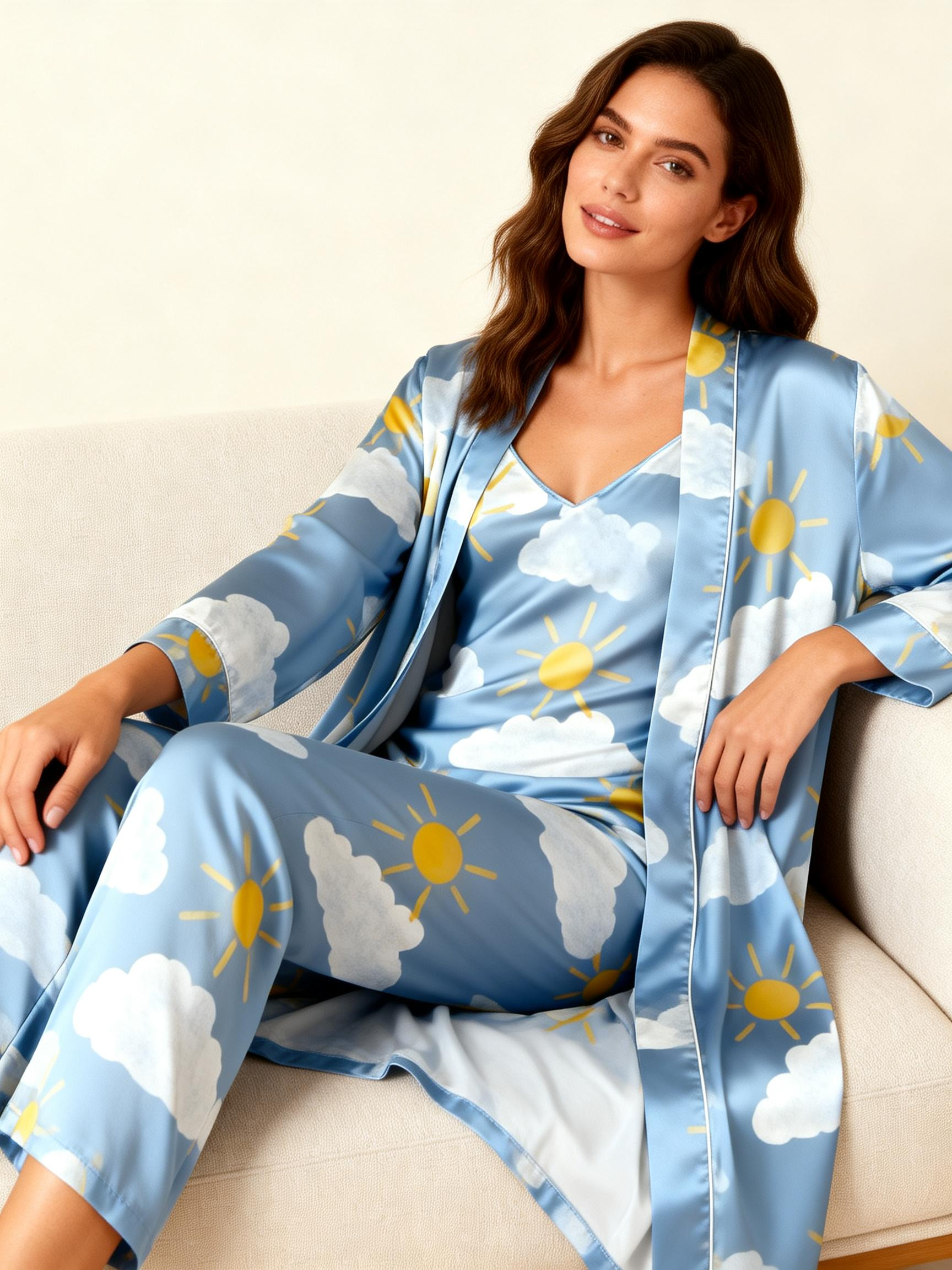 Women's 3-Piece Sun & Clouds Print Satin Sleep Pajama Set