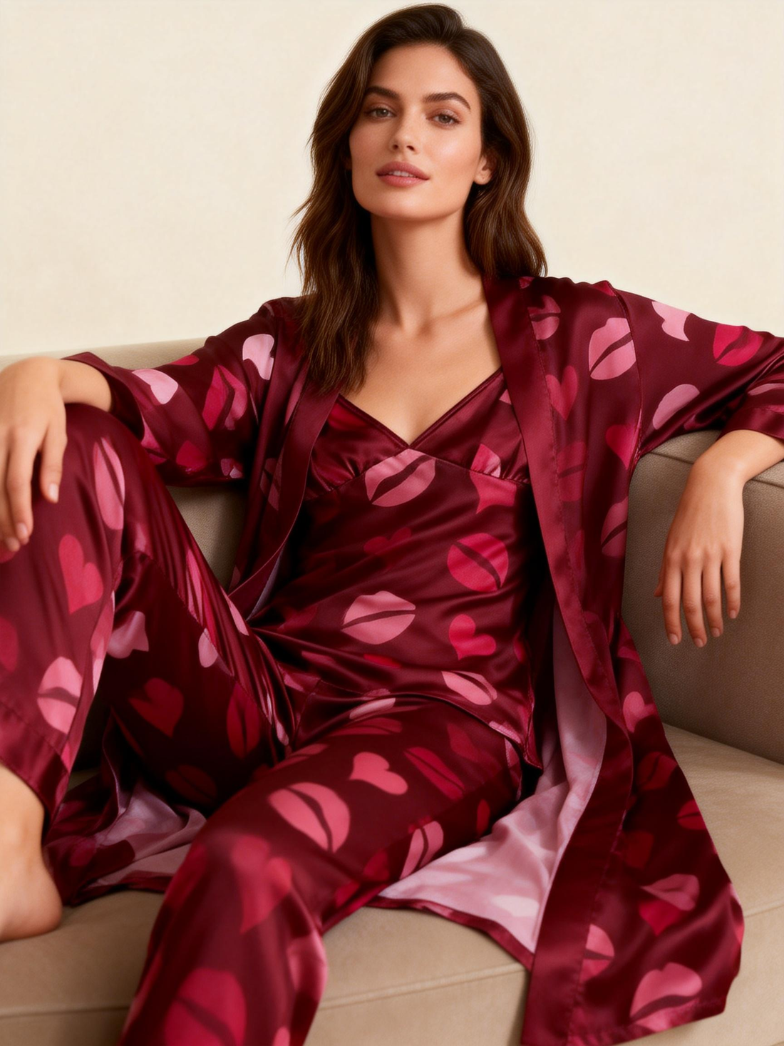 Women's 3-Piece Romantic Heart Satin Lounge Outfit