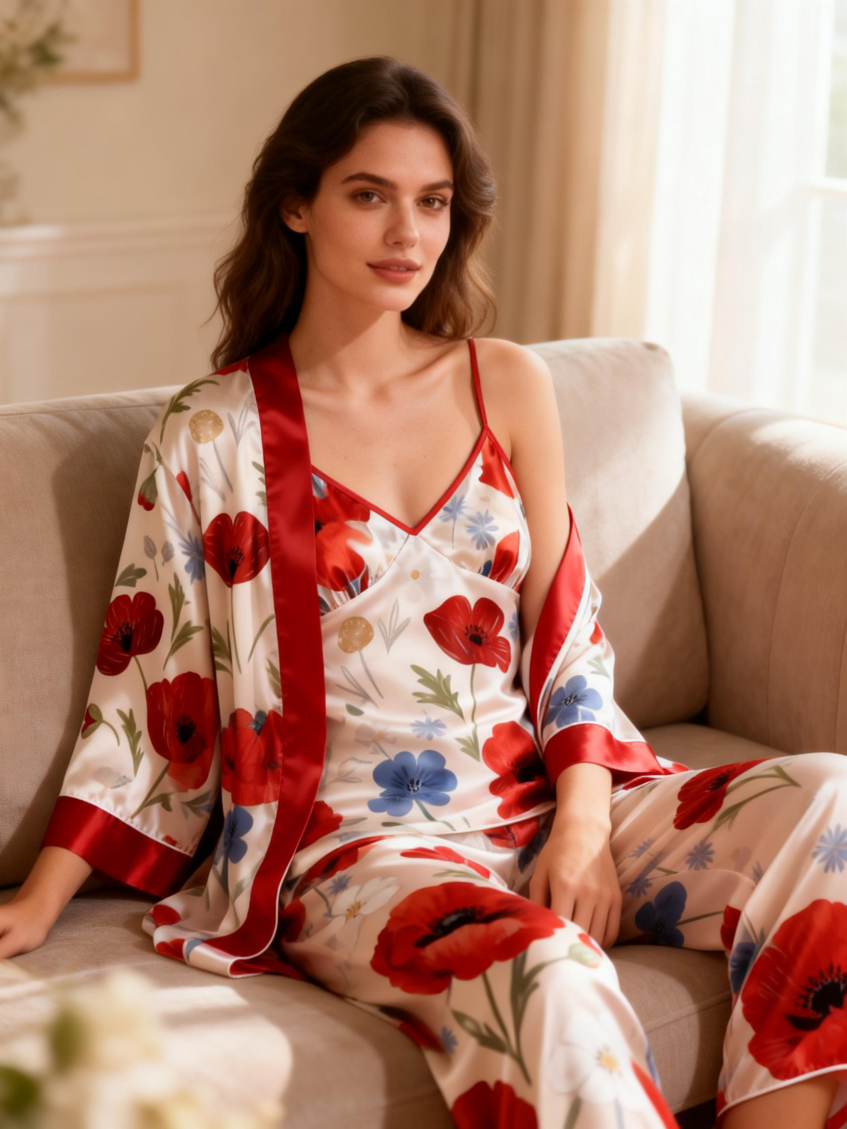 Women's Silk-Look Pajamas-3-Piece Satin Set with Bright Floral Prints