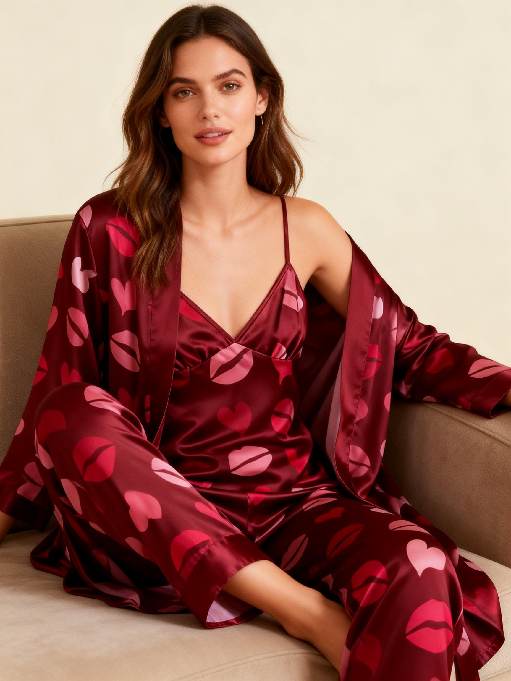 Women's 3-Piece Romantic Heart Satin Lounge Outfit