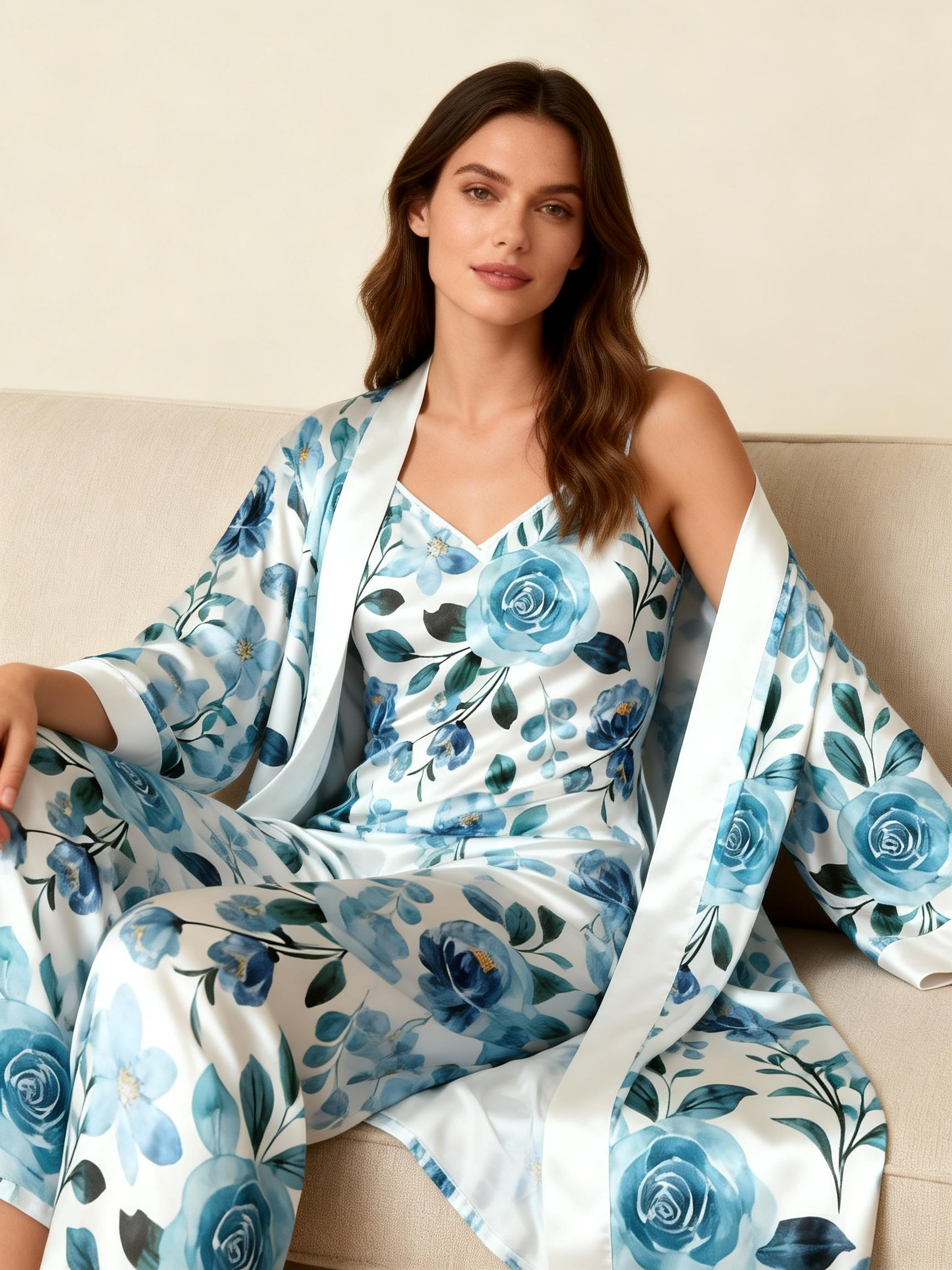 Women's 3-Piece Watercolor & Blue Floral Satin Lounge Outfit