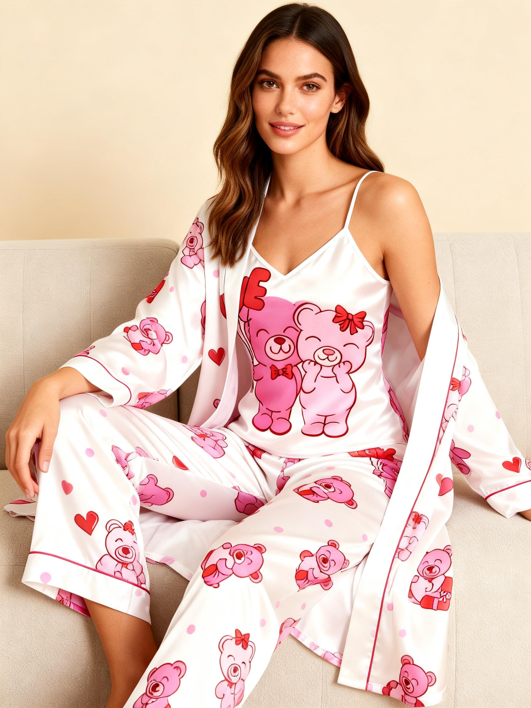 Women's Elegant Pajama Lounge Set-Satin Robe, Cami, Pants