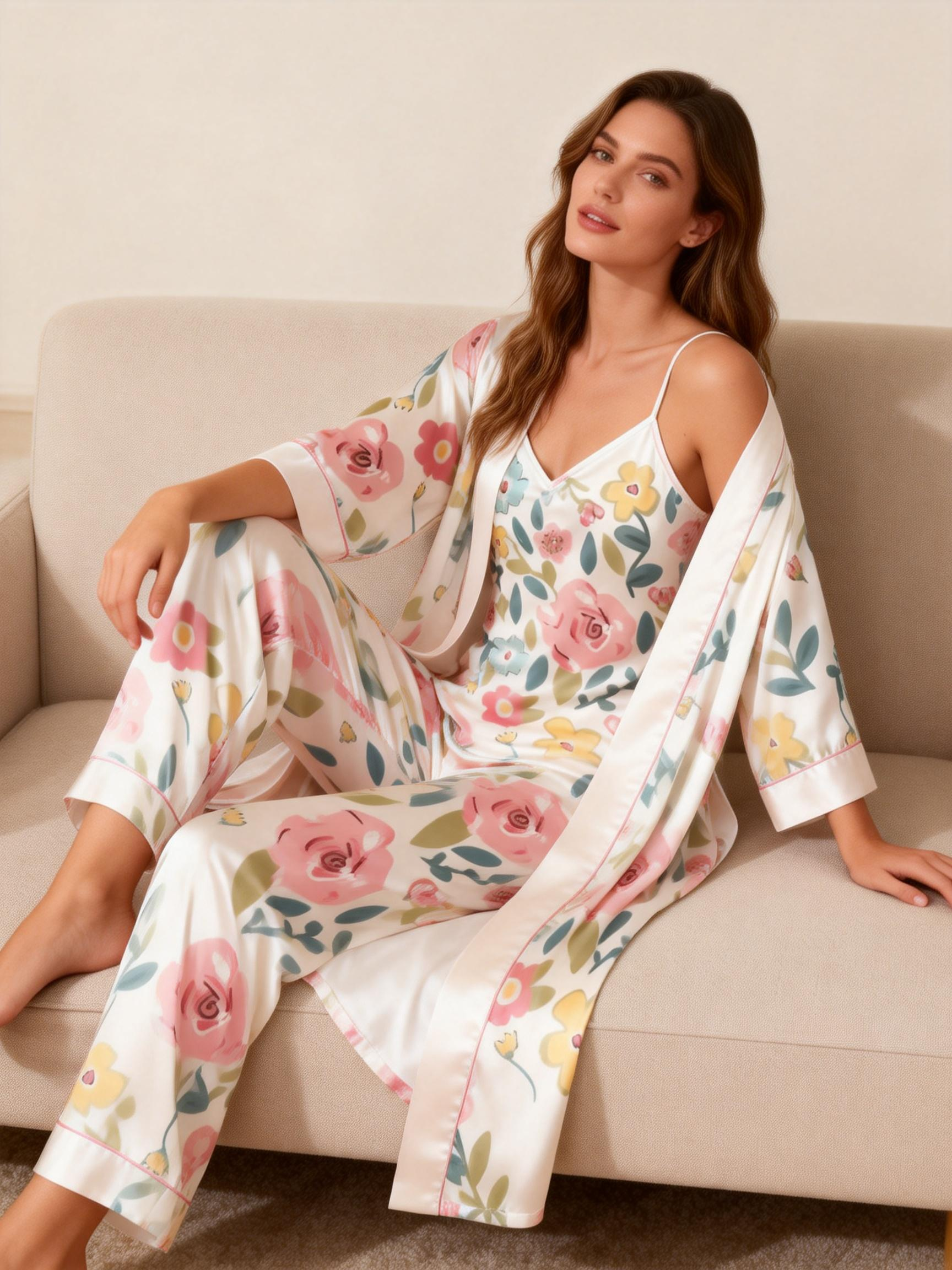 Satin 3 PCS Sleepwear Set-Women's Vintage Floral