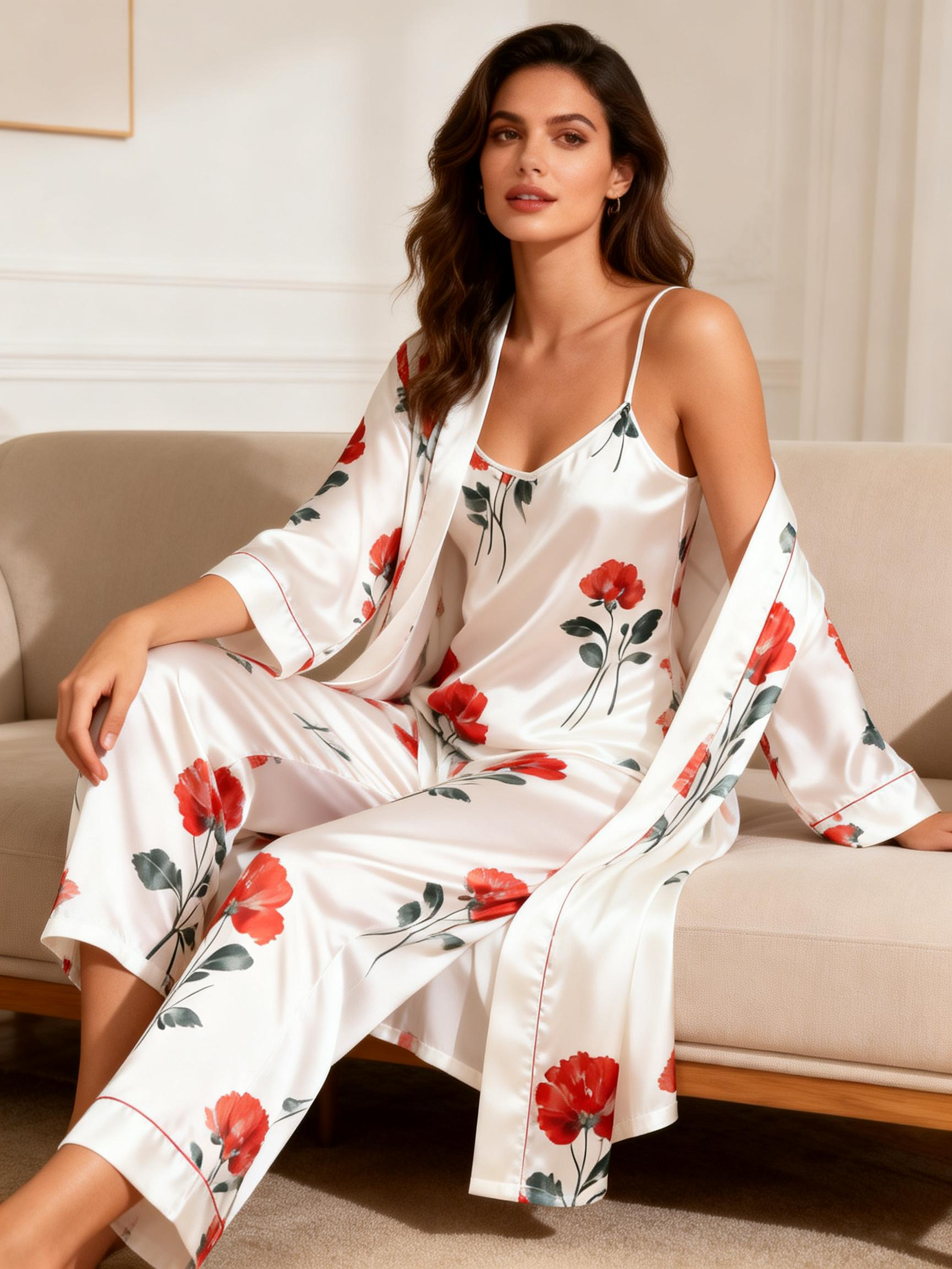 Women's 3-Piece Red Dreamy Floral Satin Loungewear