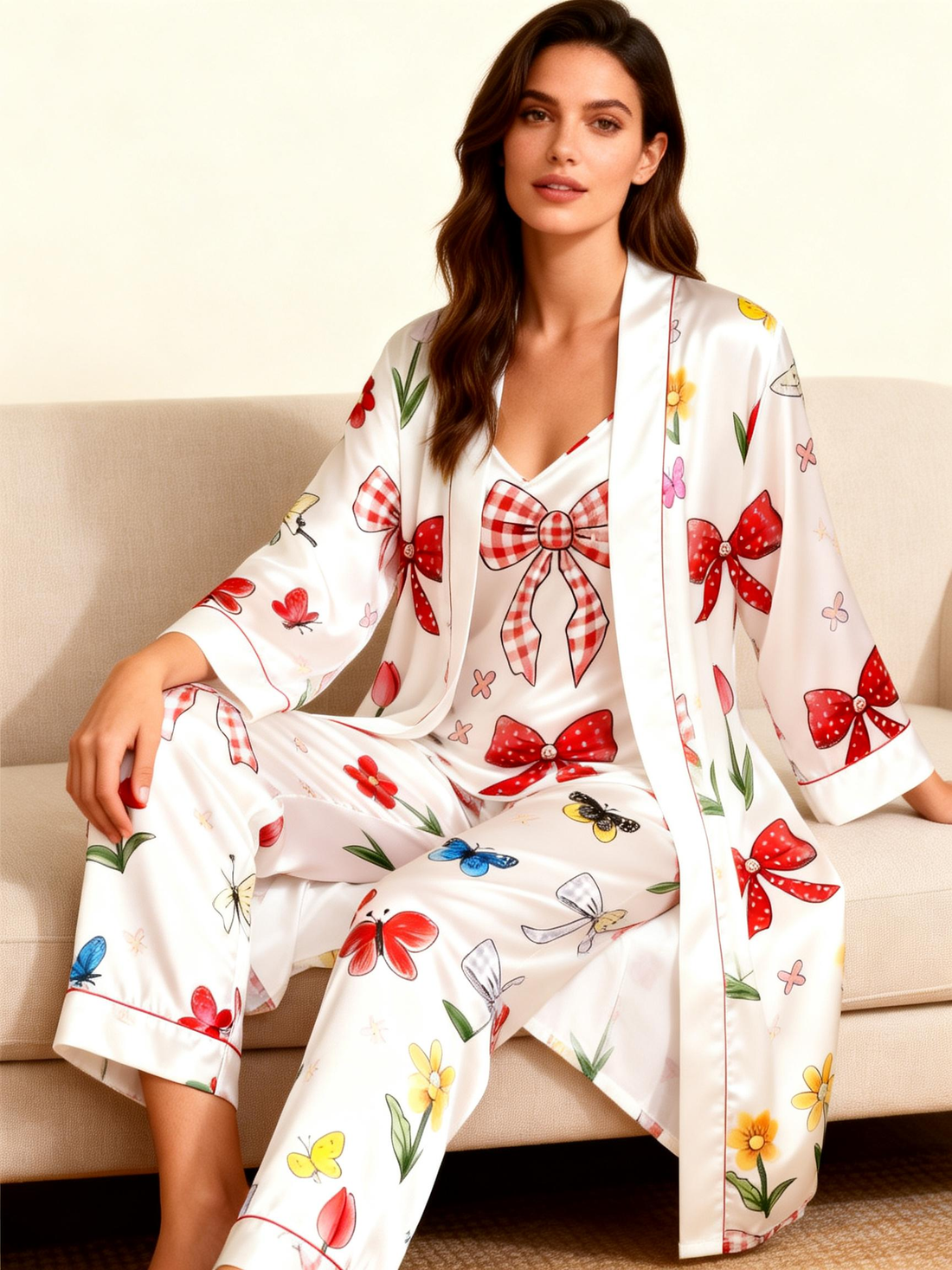 Women's 3pcs Bow-Adorned Satin Sleepwear Set