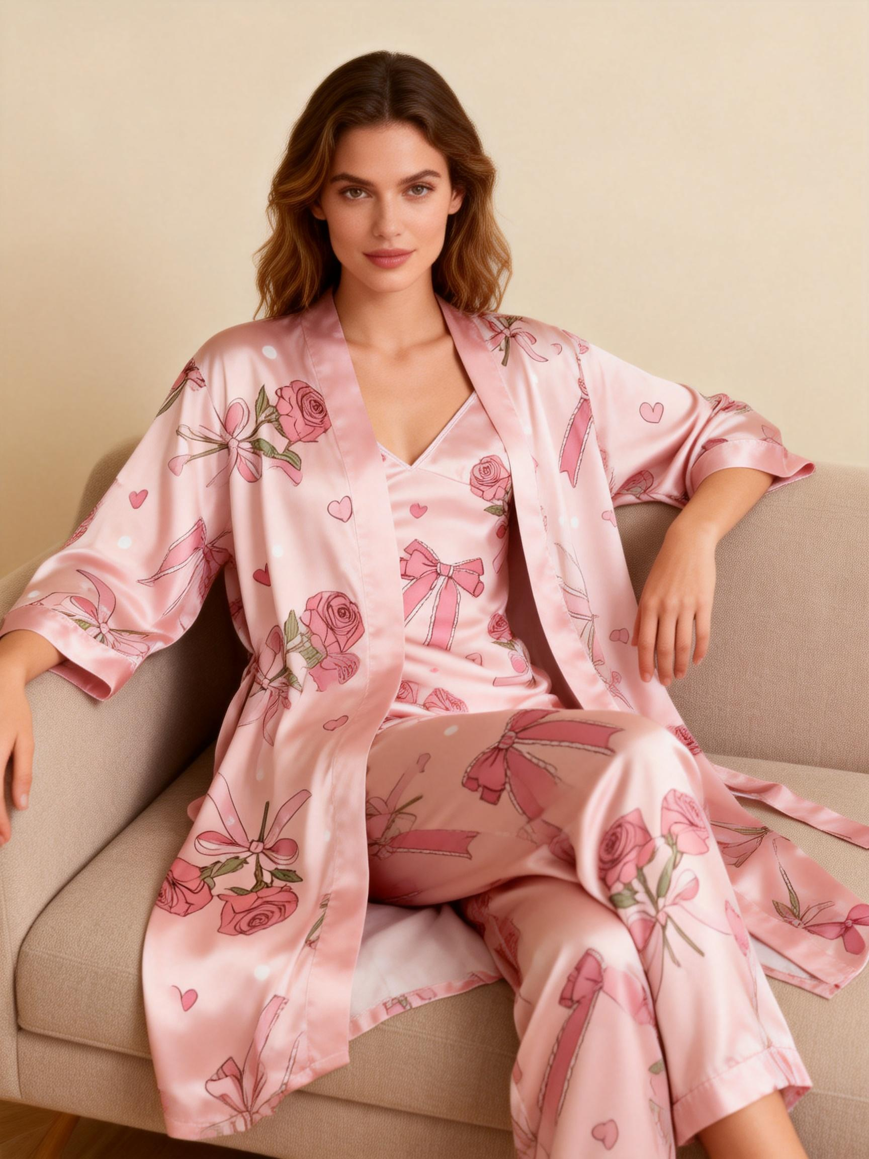 Women's 3-Piece Sweet Bowknot Satin Loungewear