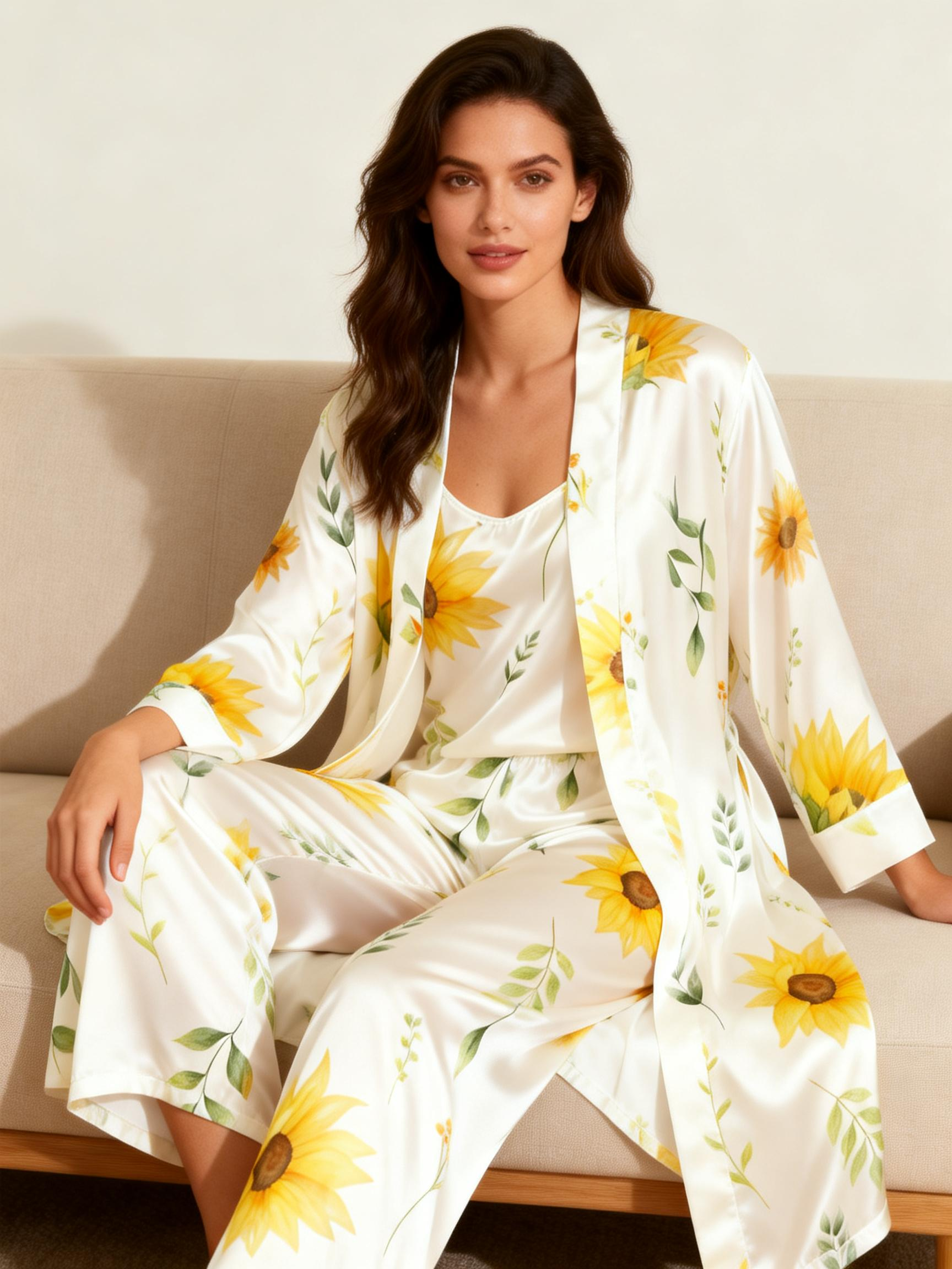 Women's 3-Piece Bright Sunflower Satin Loungewear