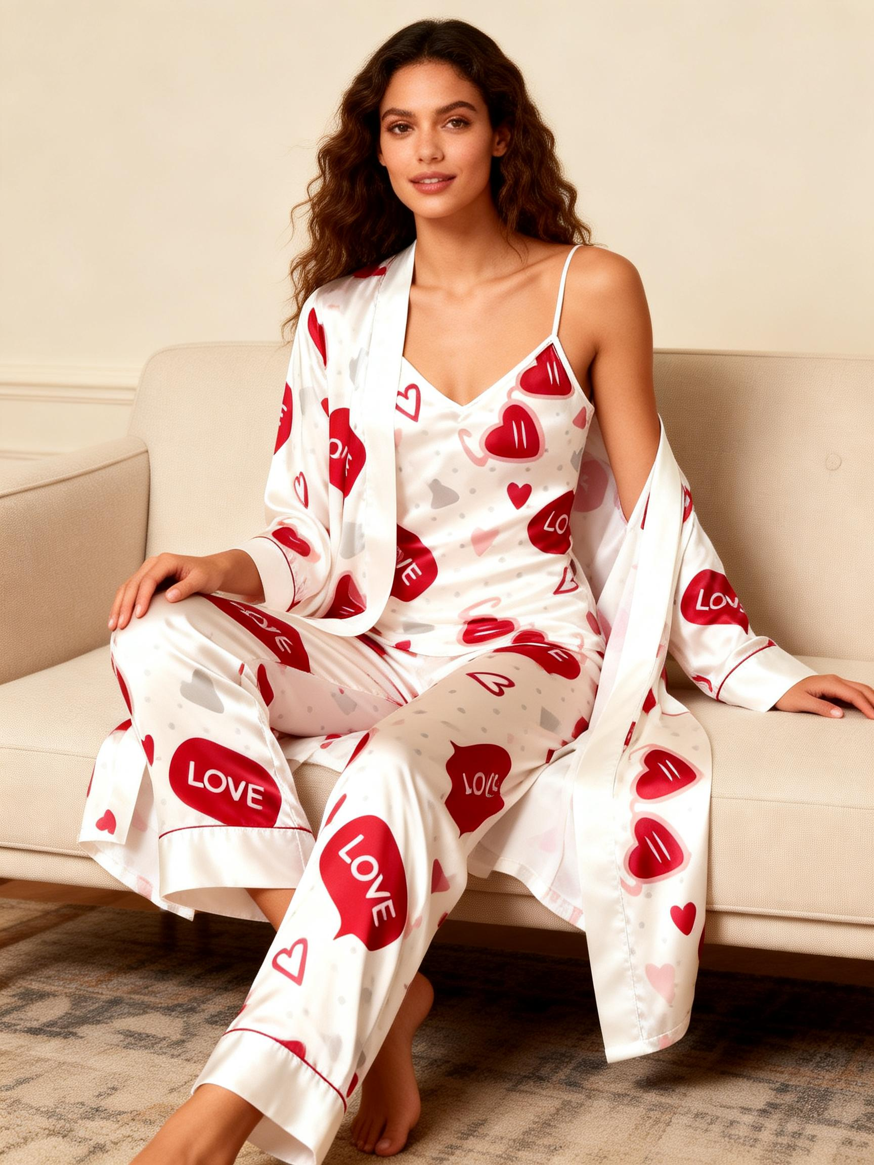 Women's 3pcs Adorable Heart Print Sleep Set