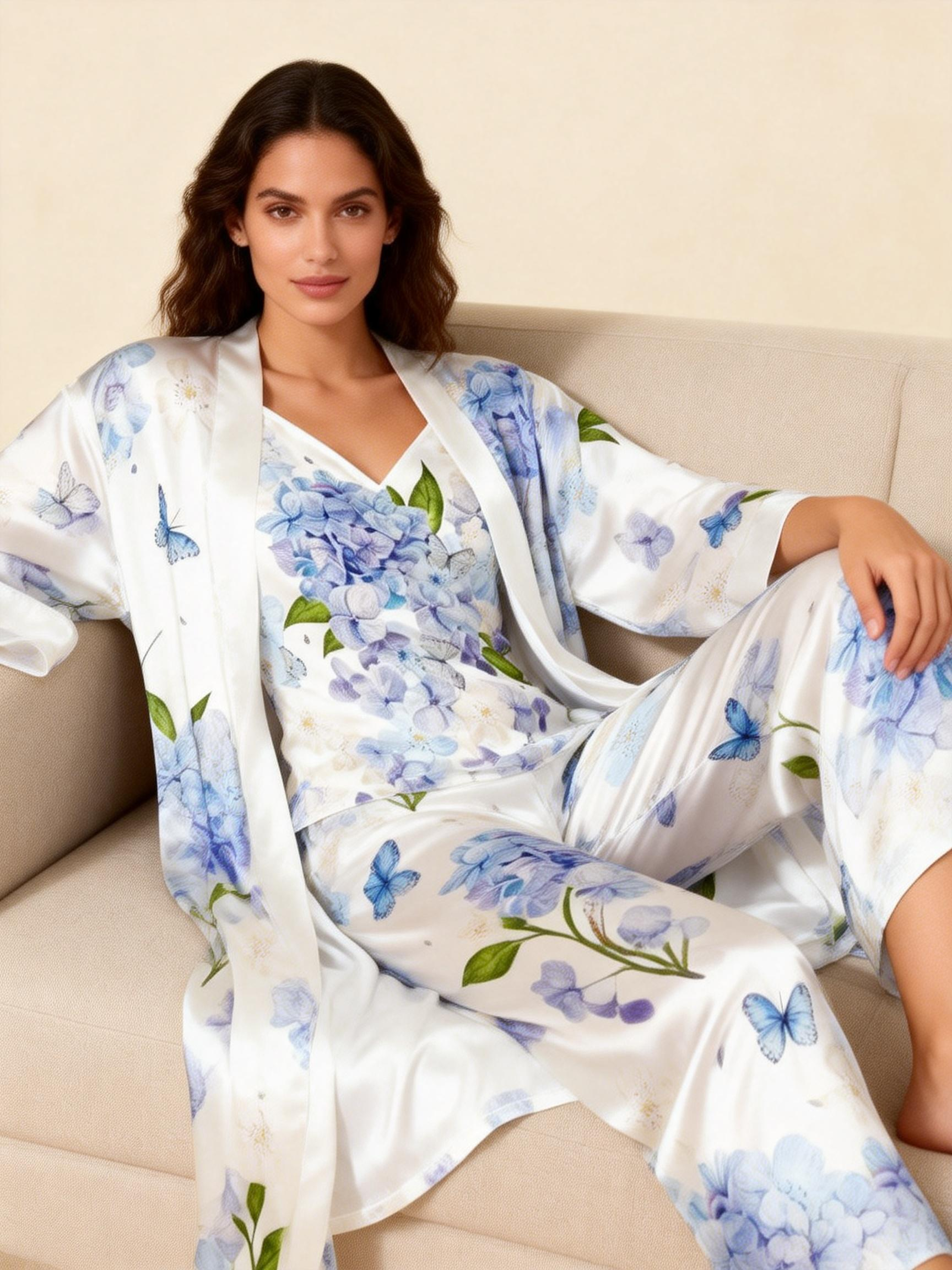 Women's 3-Piece Blue Butterfly & Floral Satin Lounge Outfit