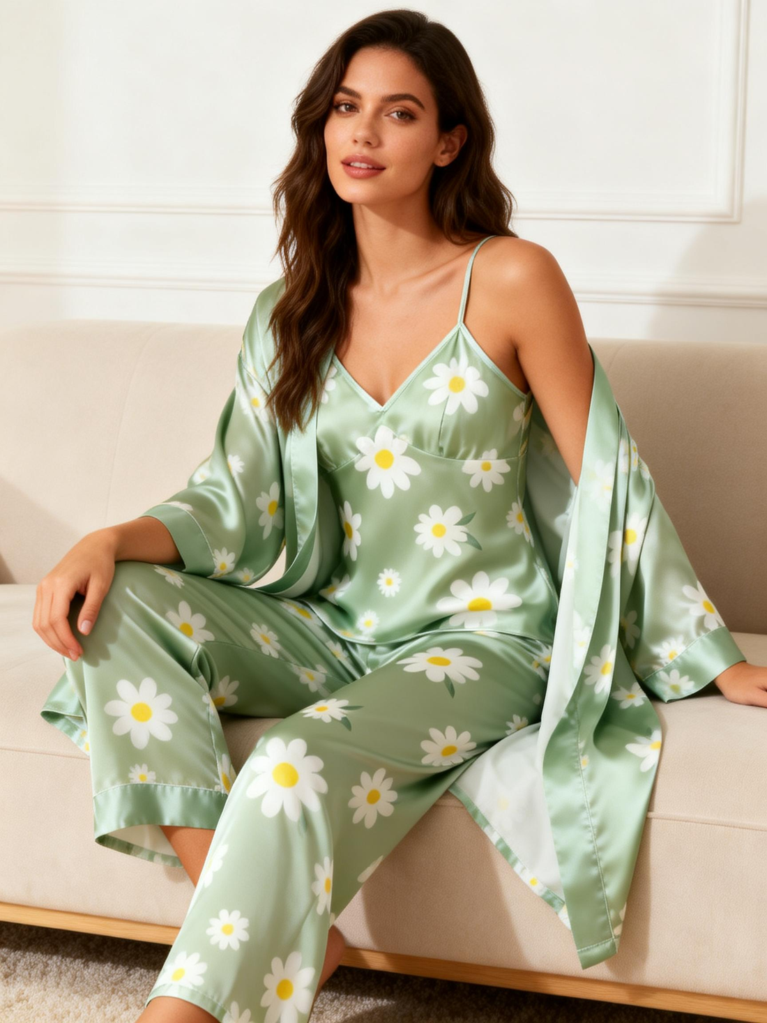 Women's Satin Pajama Set-3 Pieces Floral Print