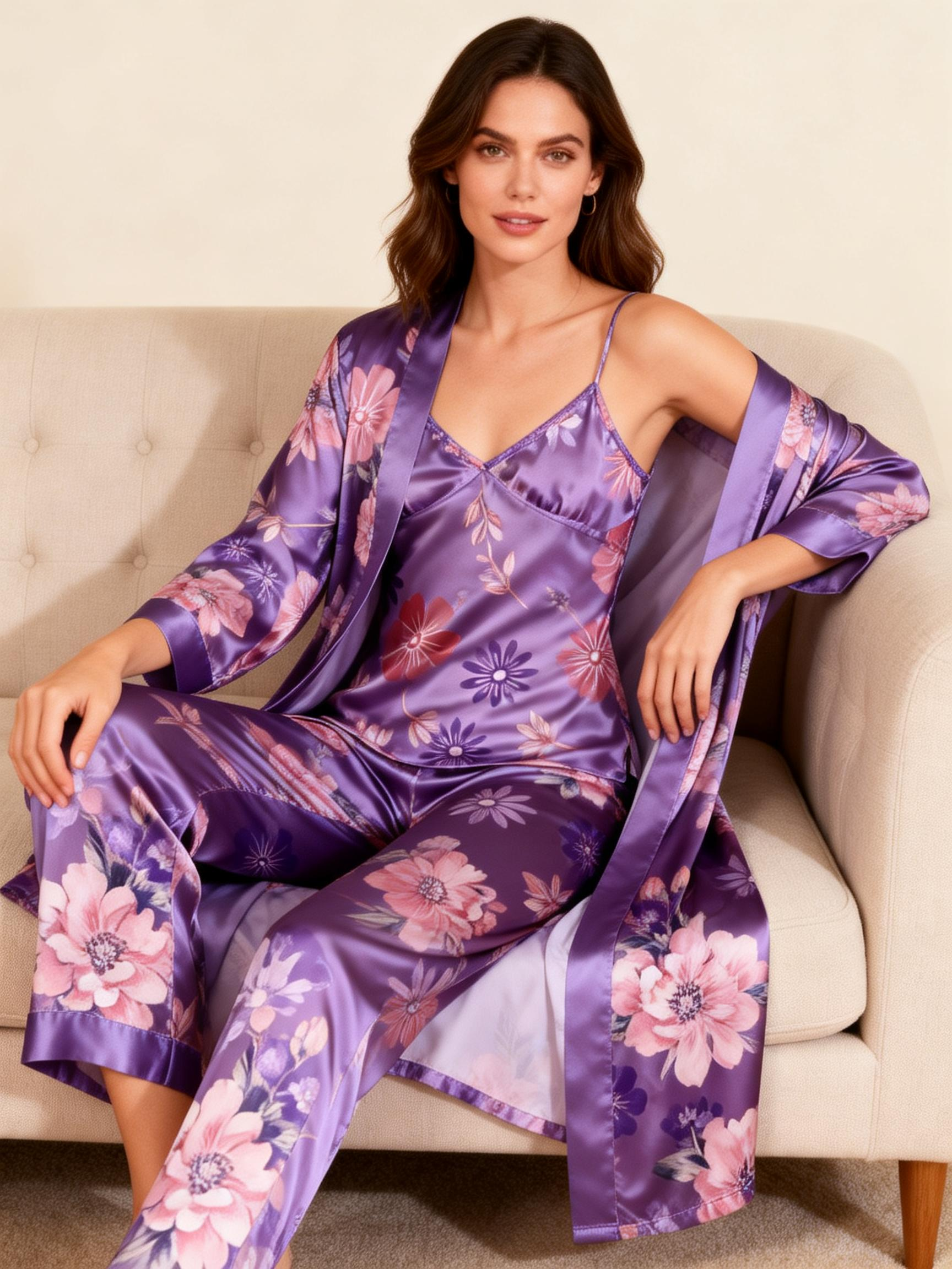 Women's 3-Piece Satin Floral Elegance Satin Pajamas Set