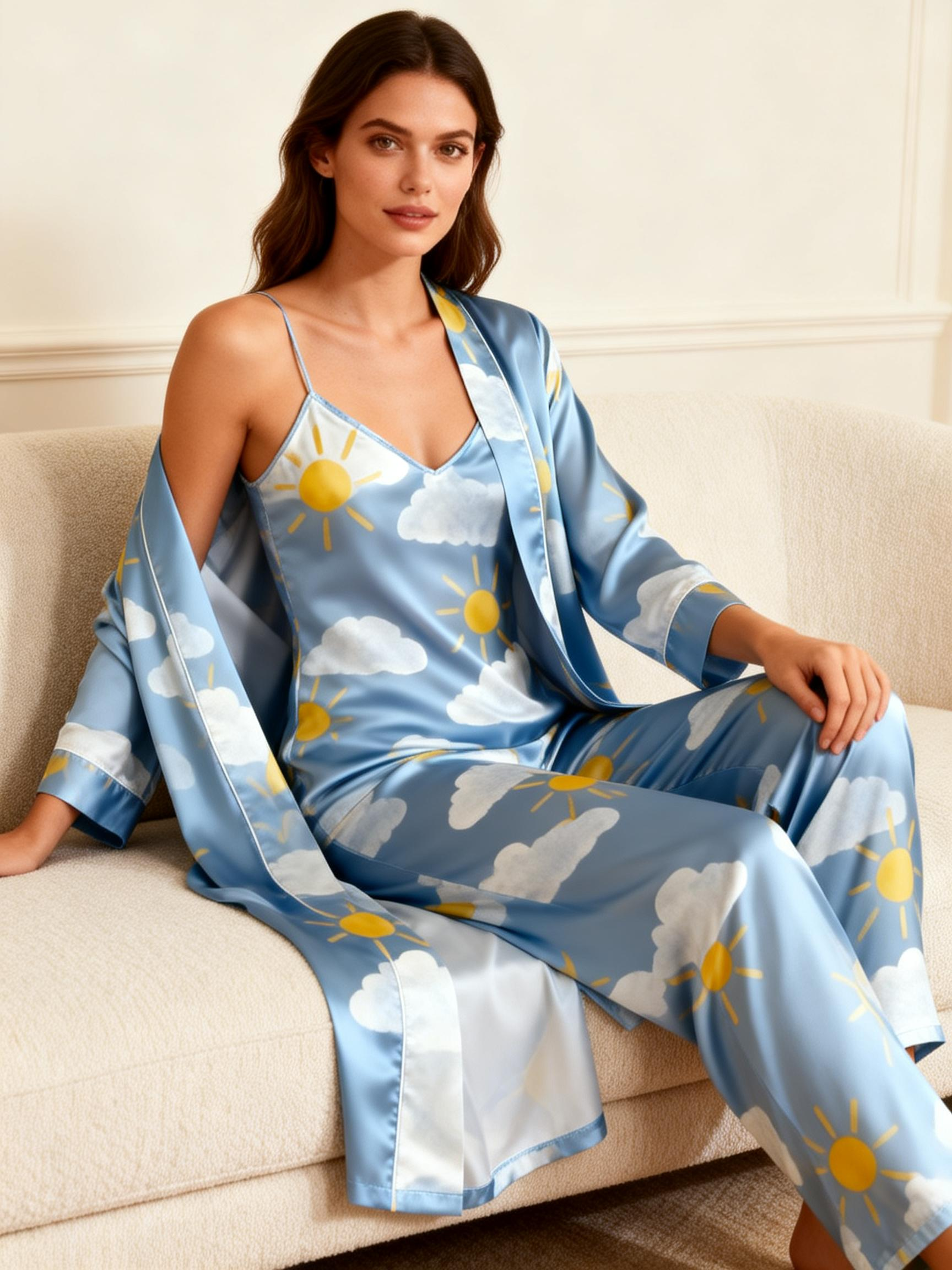 Women's 3-Piece Sun & Clouds Print Satin Sleep Pajama Set