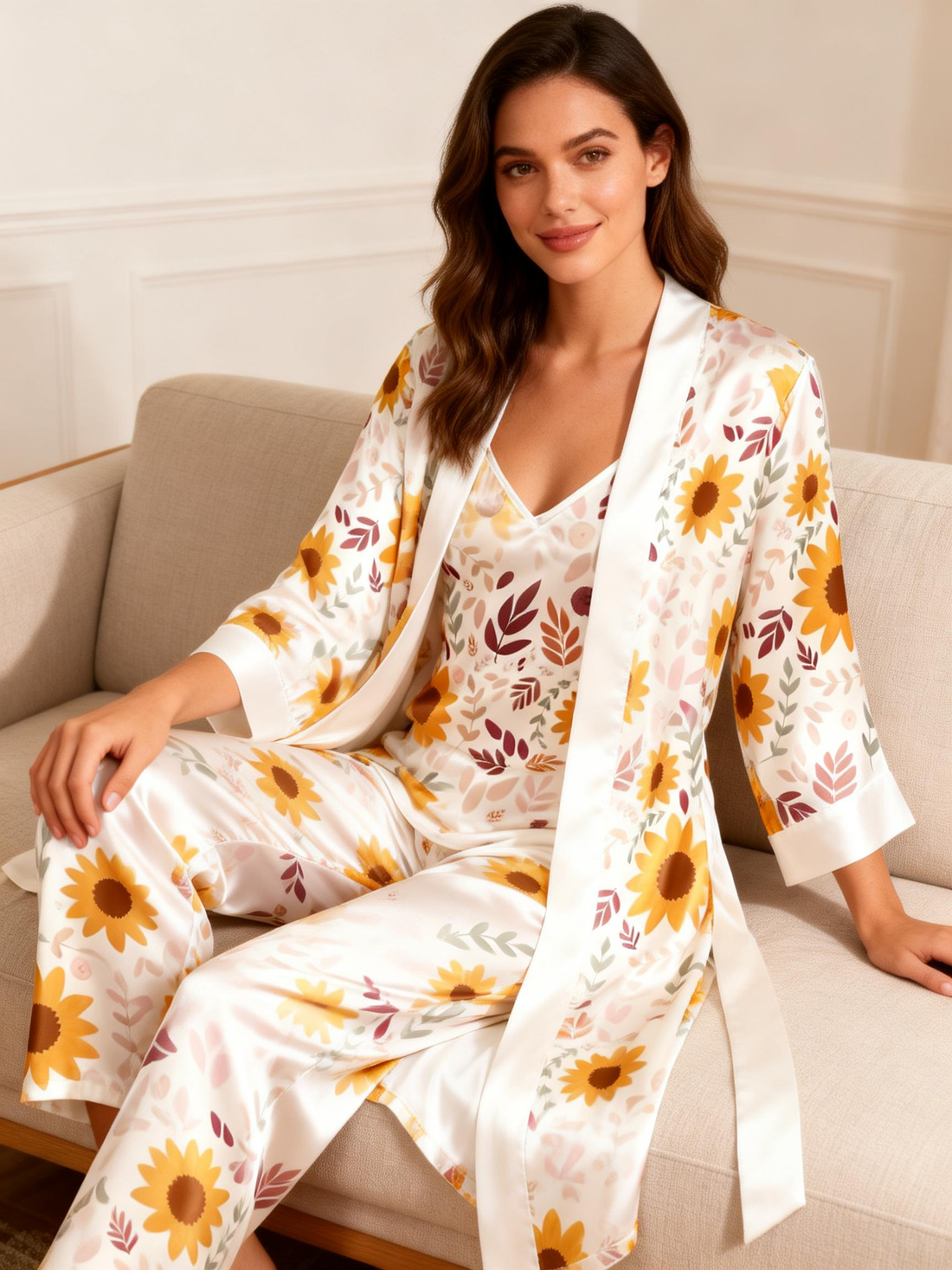 Satin Sleep Set-Women's 3 PCS Sunflower Lounge