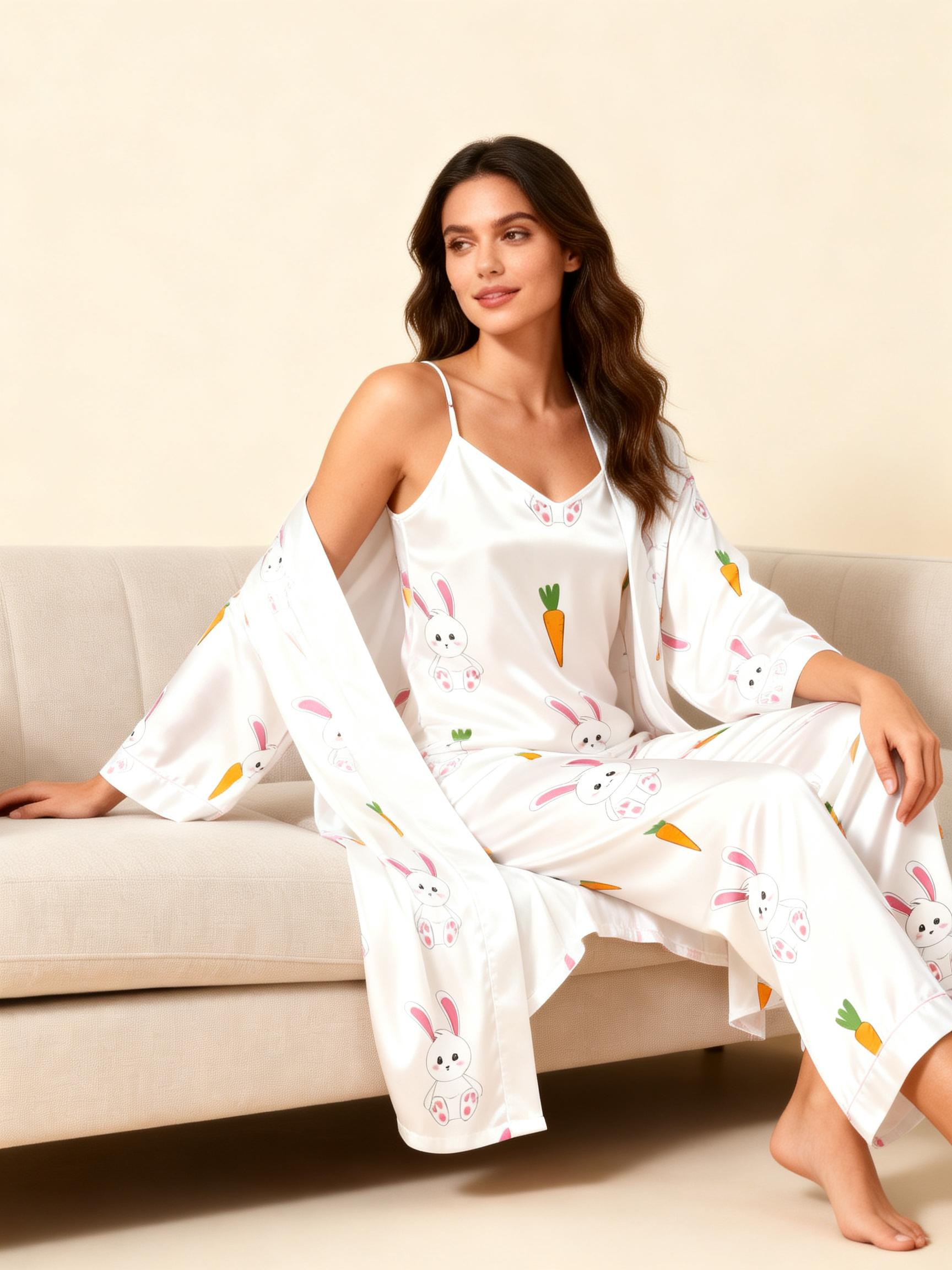 Women's Cute Rabbit Pajama Set-Satin Robe, Camisole & Pants