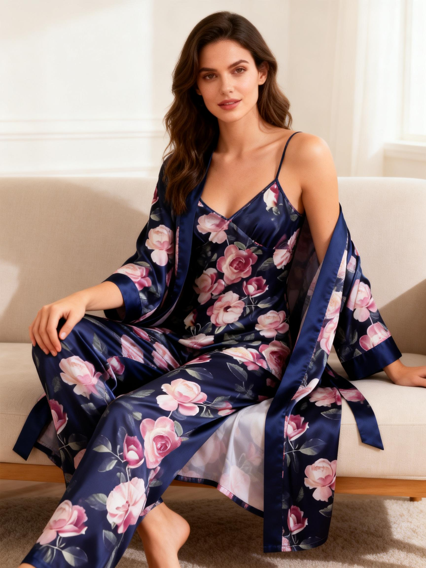 Women's Satin 3 PCS Rose Garden Lounge Set