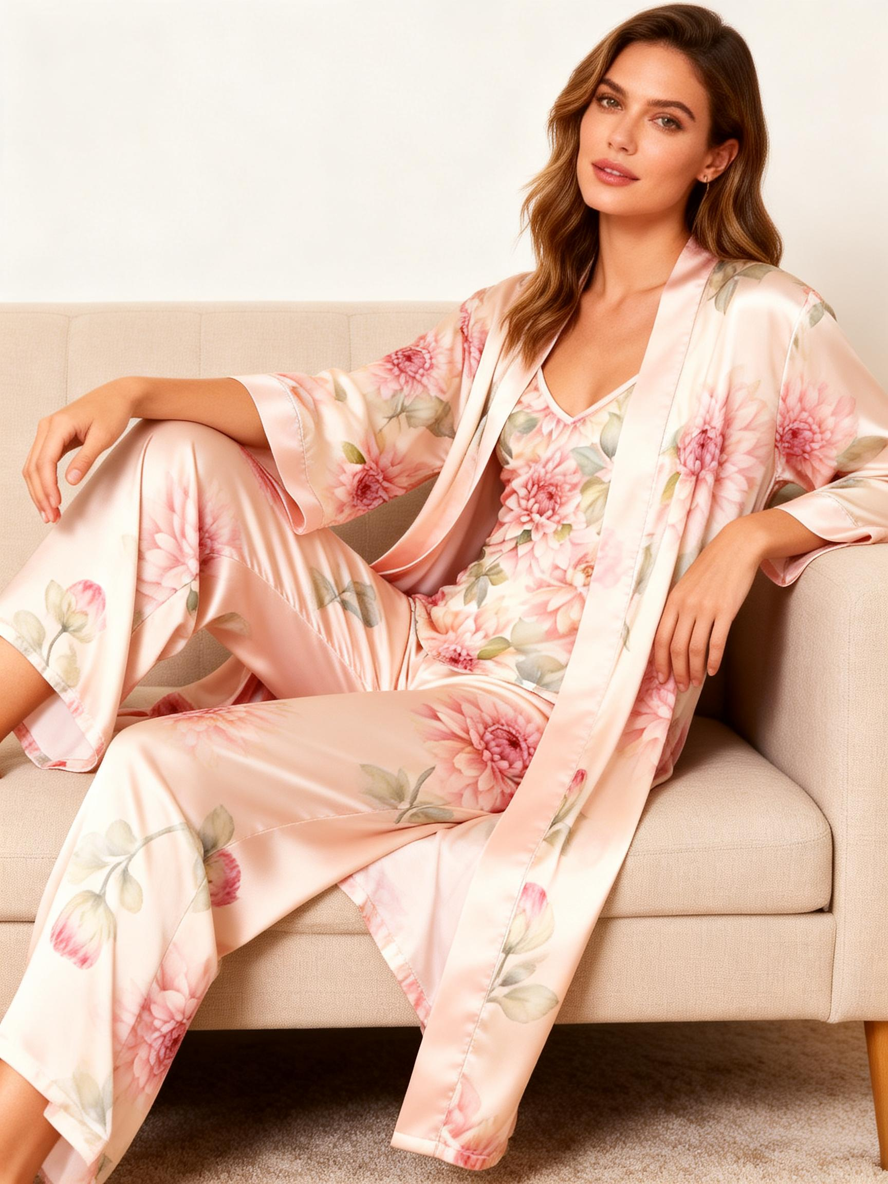3-Piece Satin Nightwear-Women's Garden Flower Print
