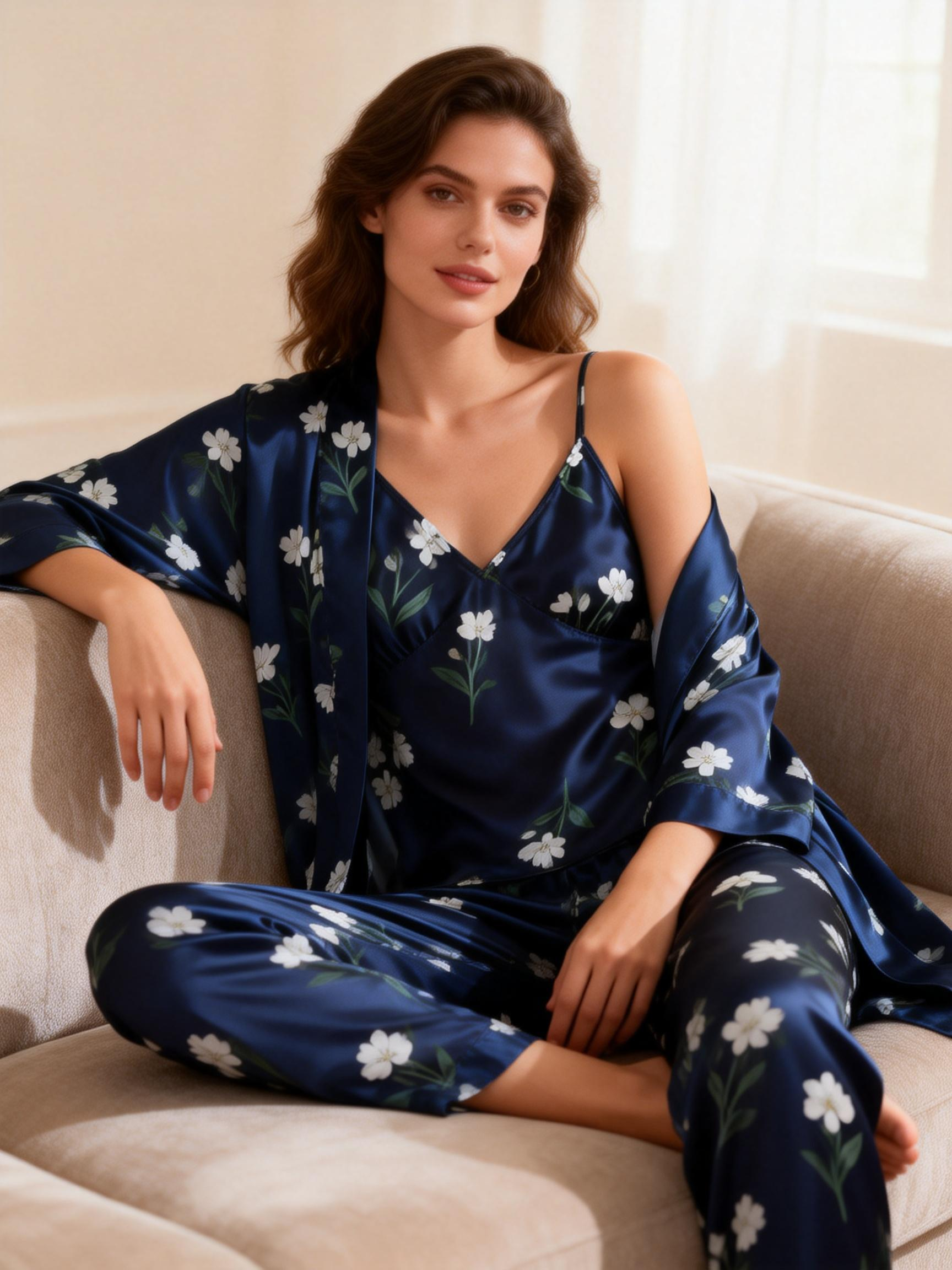 Women's Satin 3-Piece Sleepwear with Robe & Pants