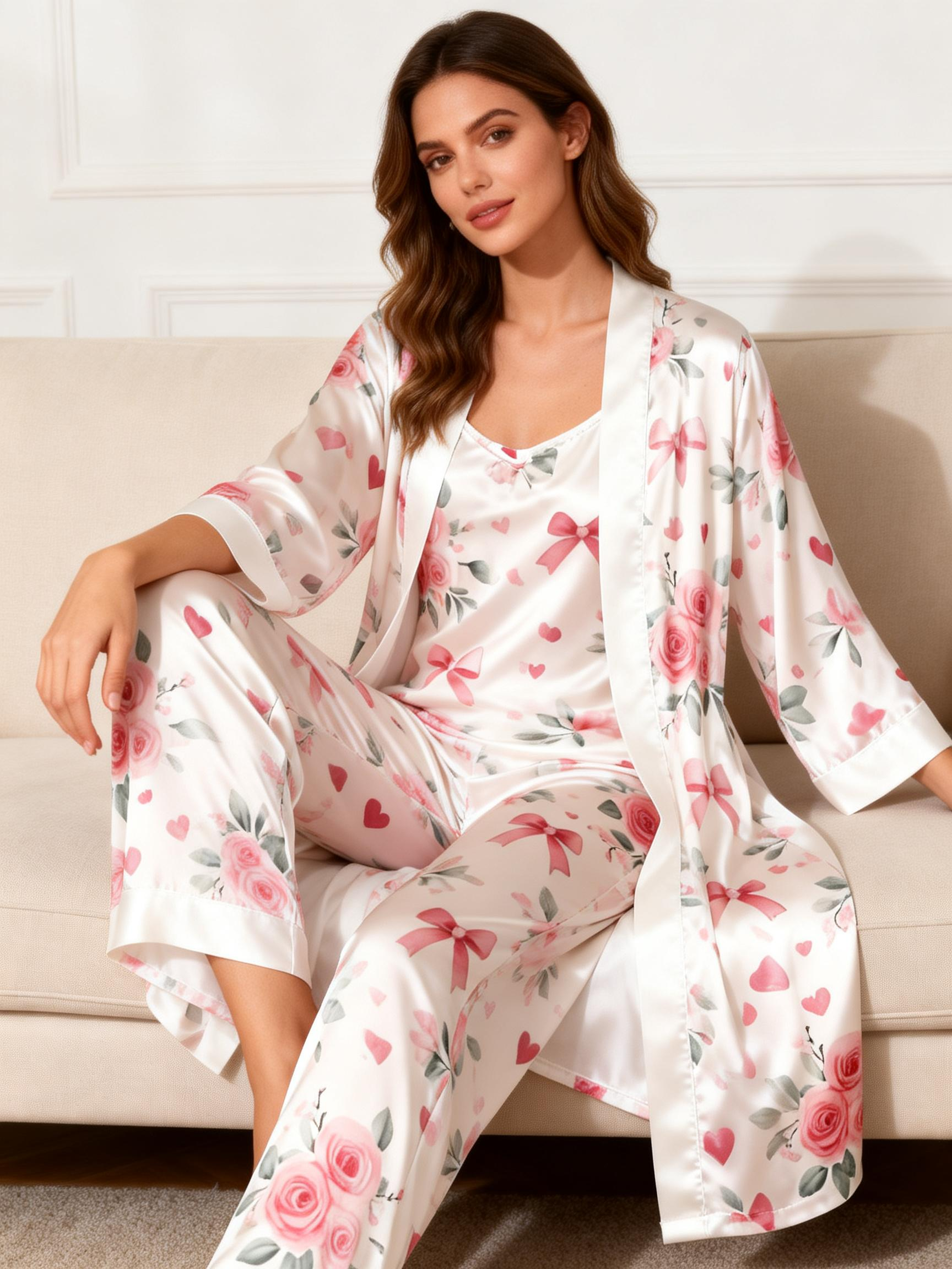 Women's 3-Piece Romantic Floral Satin Loungewear