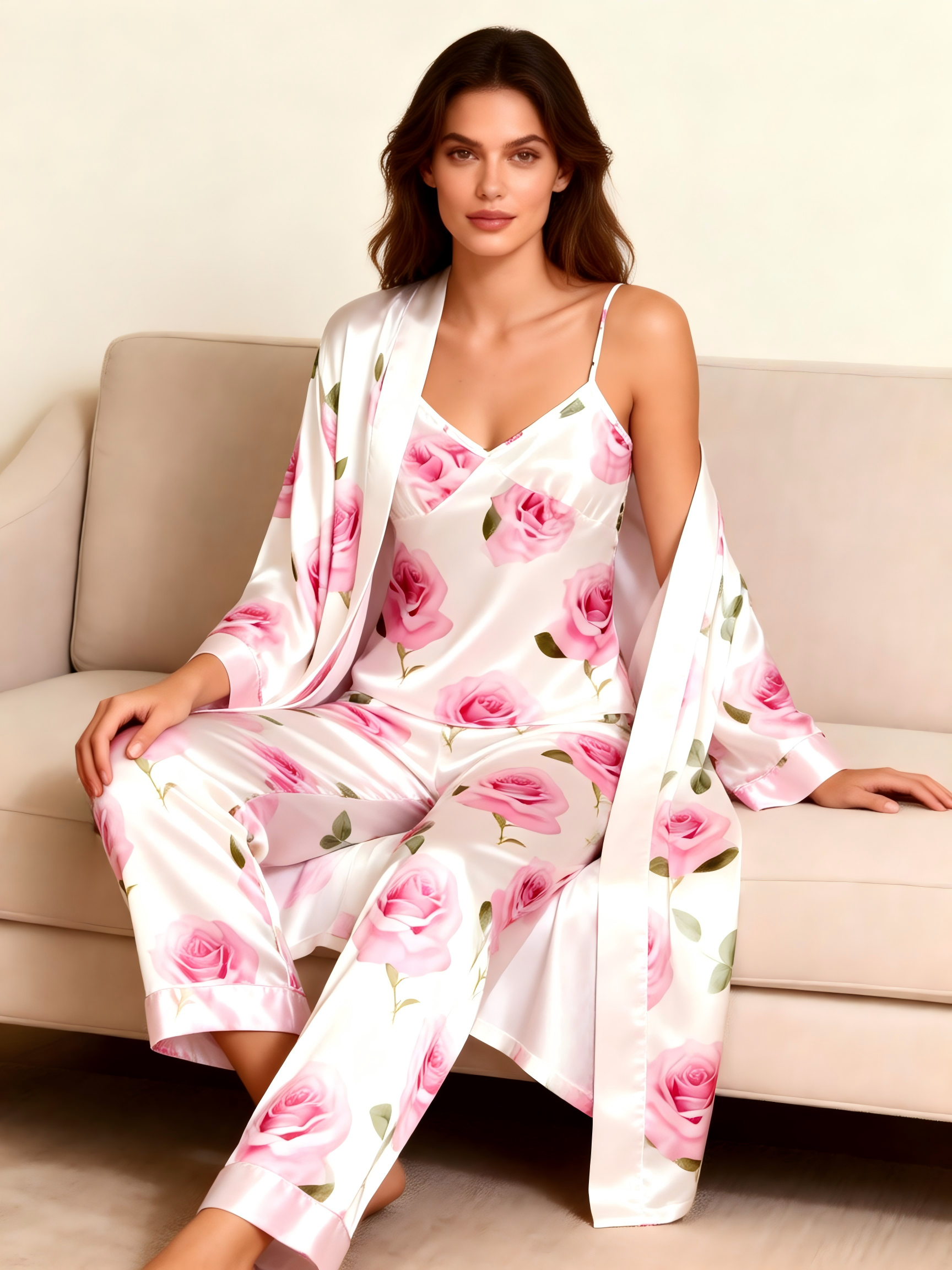 Satin Lounge Set-Women's Long Robe, Sleeveless Top & Relax Fit Pants