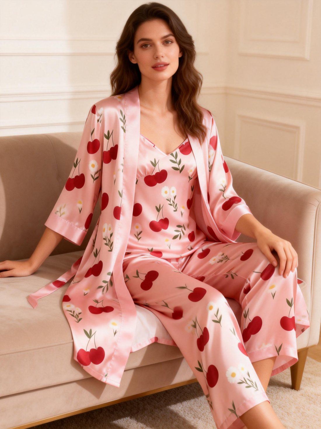 3-Piece Satin Nightwear-Cherry Print
