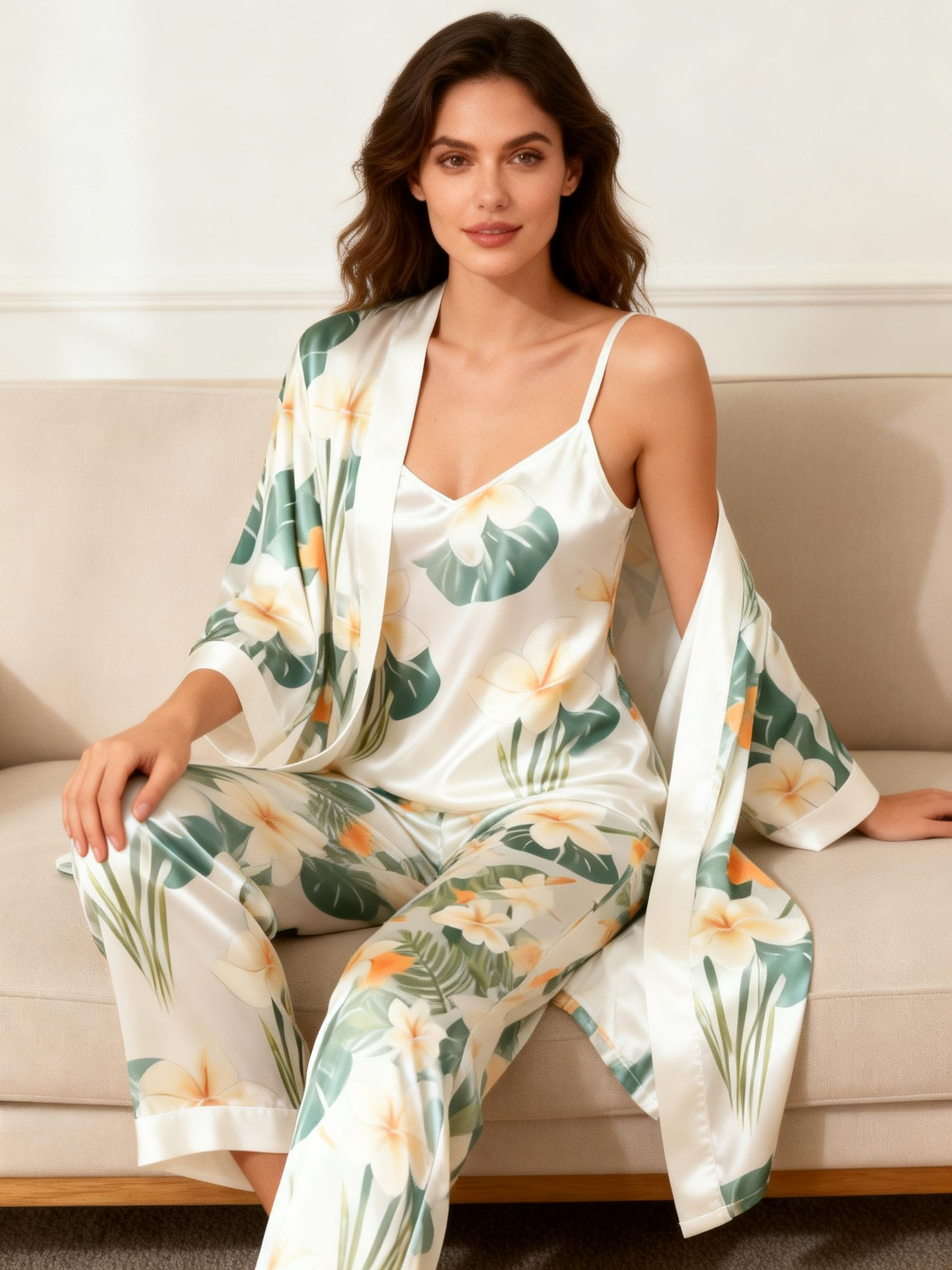 Women's 3-Piece Green & Yellow Dreamy Floral Satin Loungewear