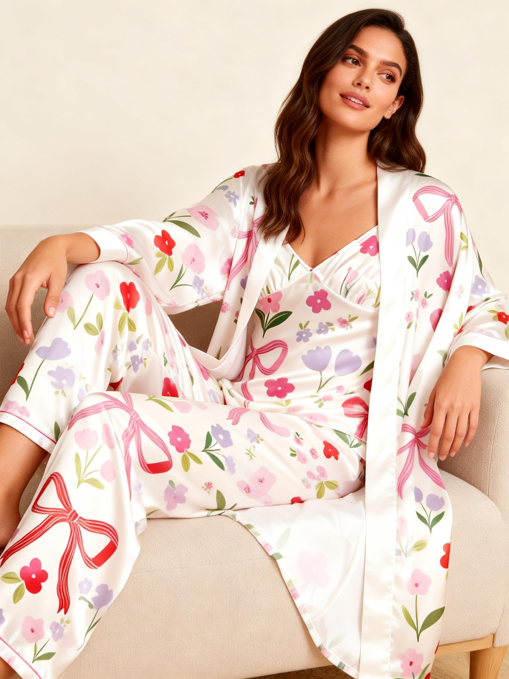 Women's 3-Piece Satin Playful Bow Print Sleepwear