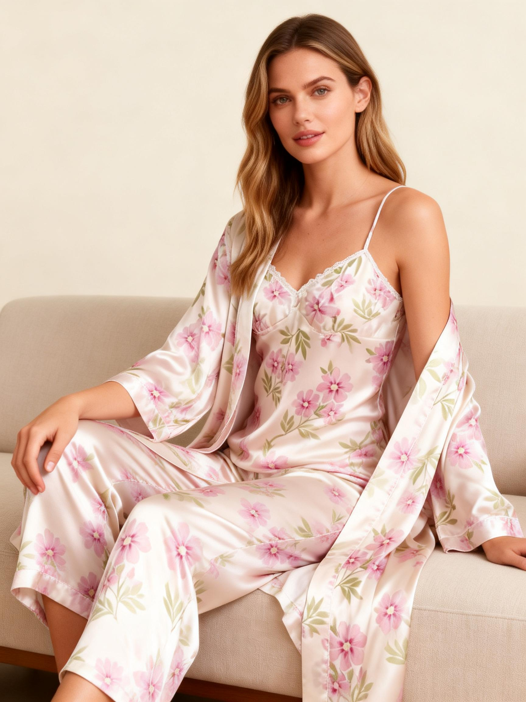 Women's 3-Piece Dense Floral Satin Loungewear
