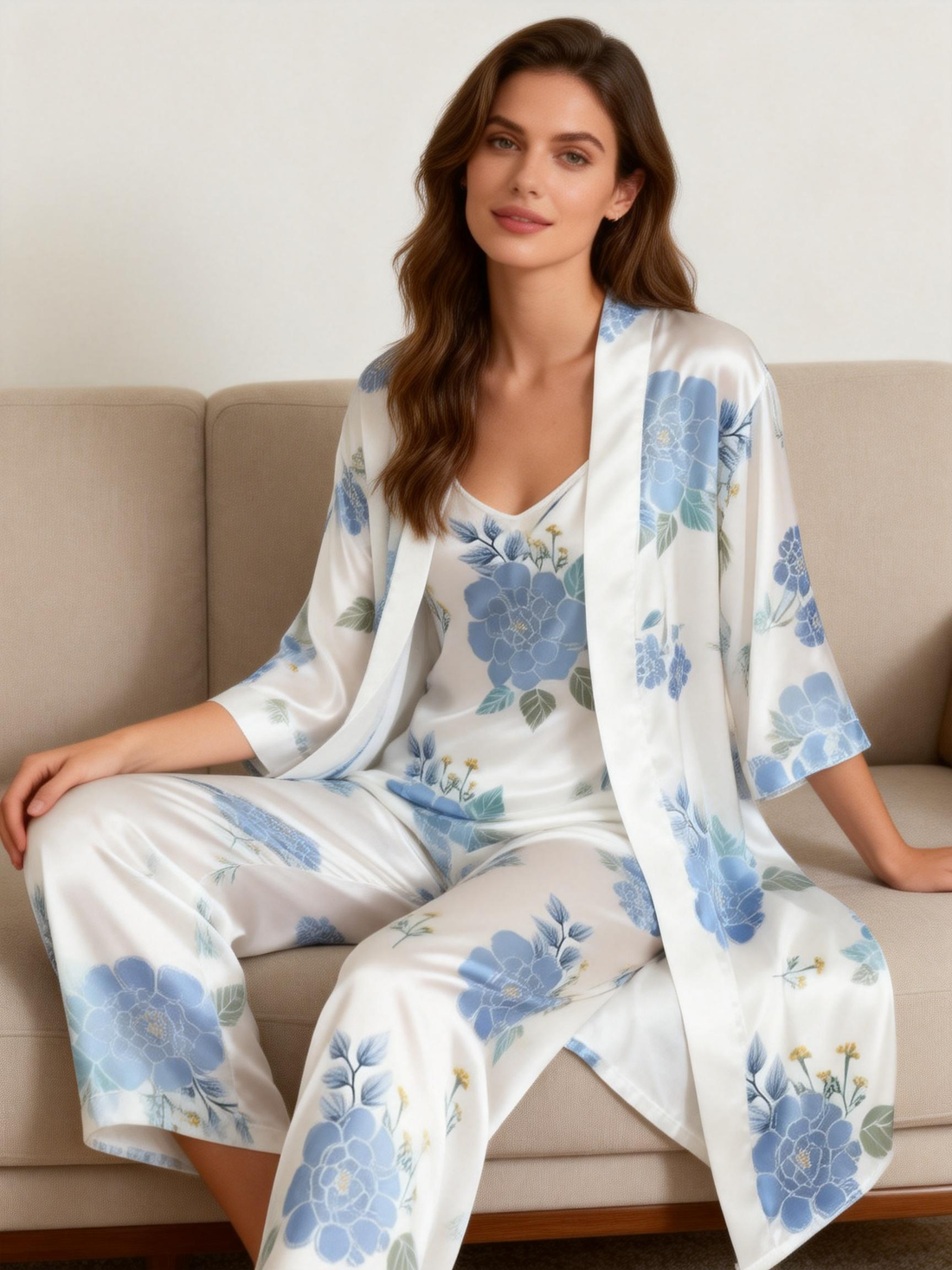 Women's 3-Piece Soft Botanical Motif Satin Loungewear
