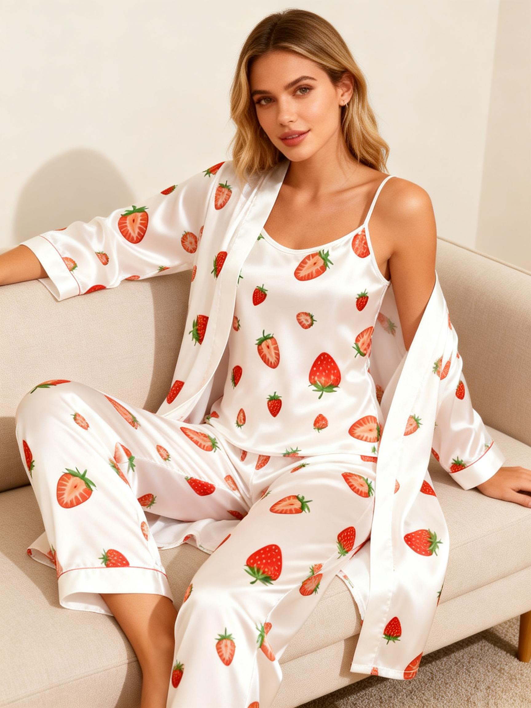 Women's 3-Piece Sweet Stawberry Satin Loungewear