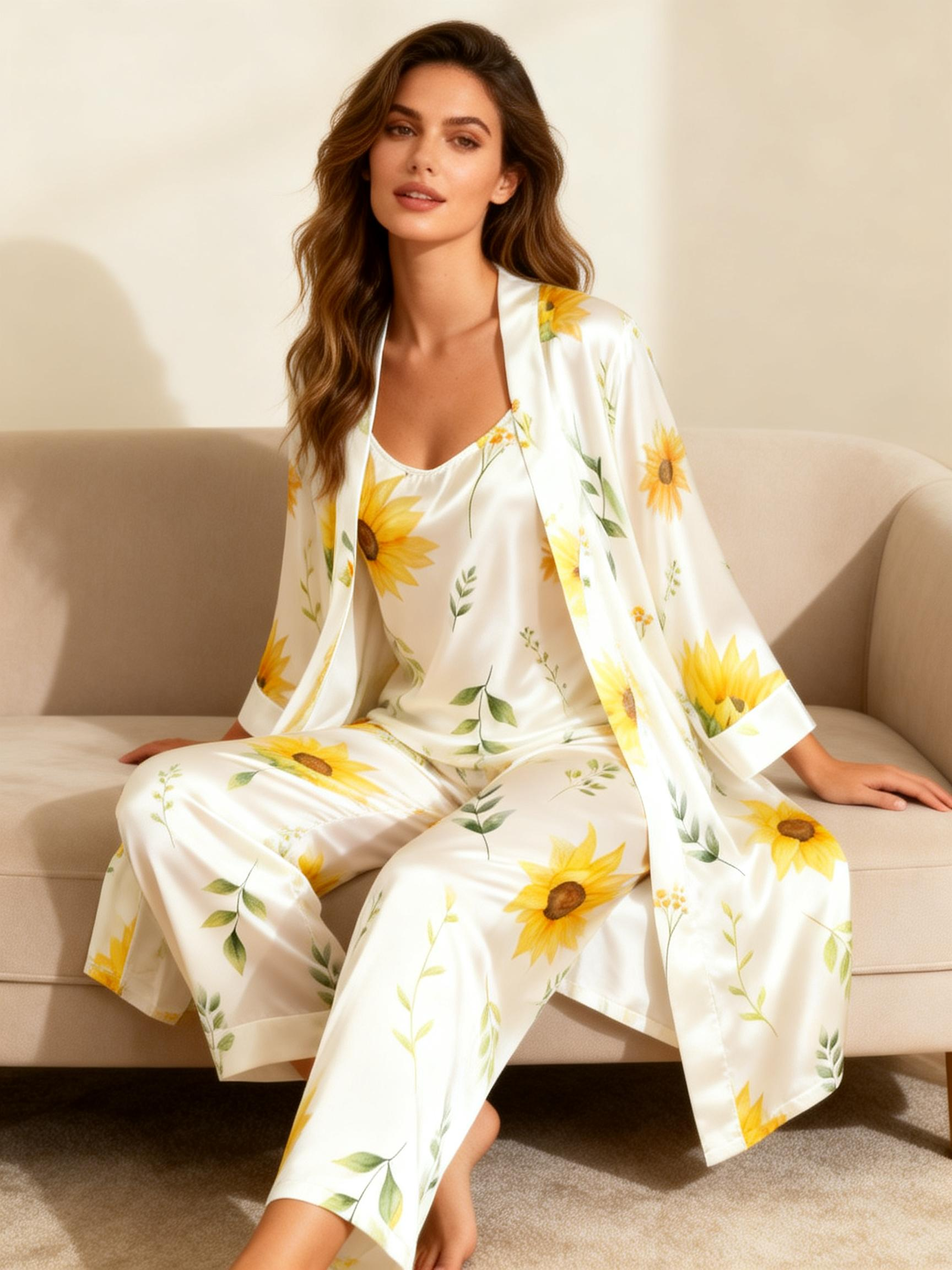 Women's 3-Piece Bright Sunflower Satin Loungewear