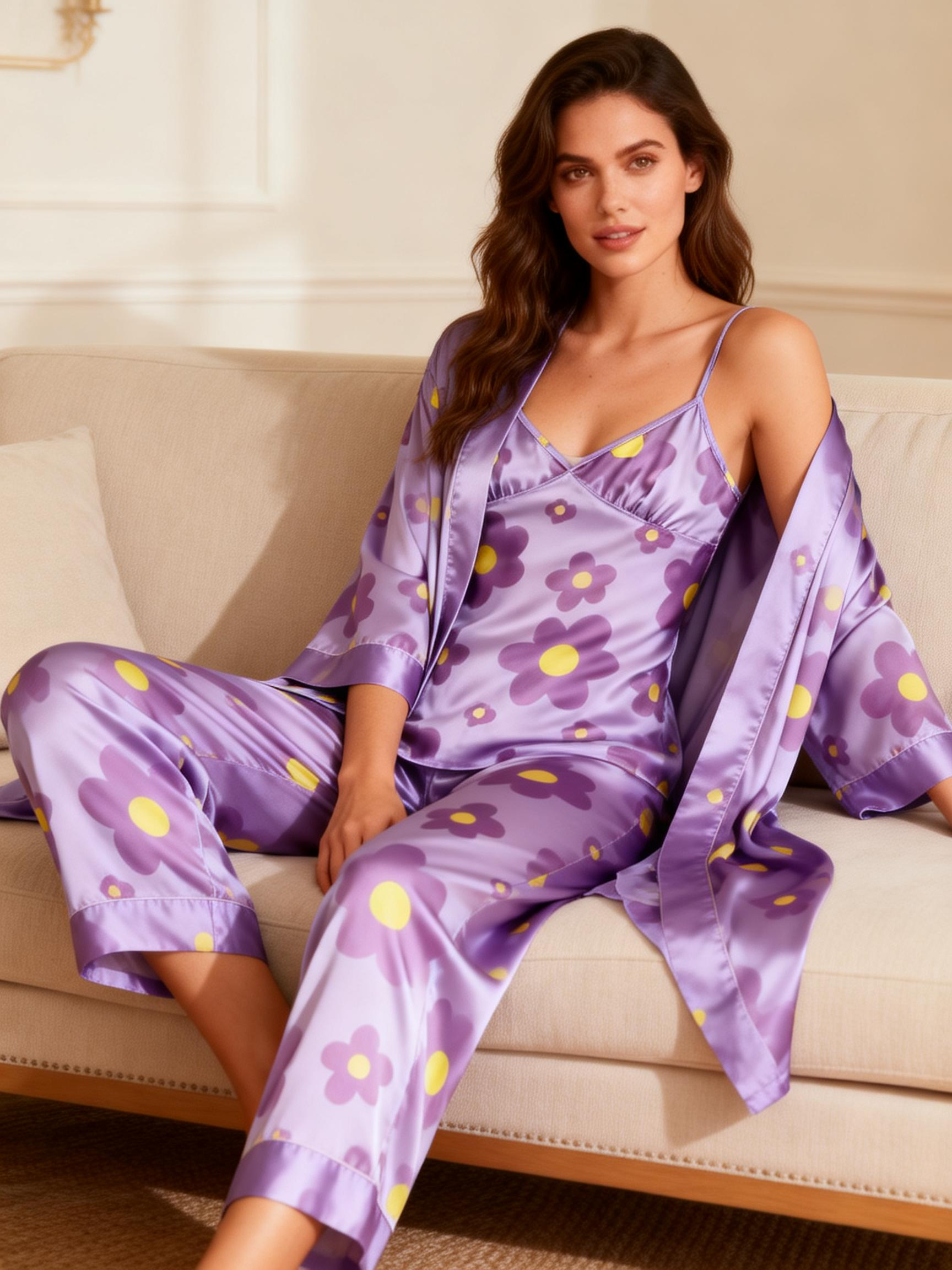 Floral Print Satin Robe & Pajama Set