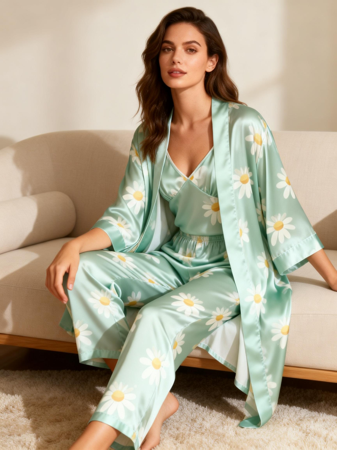 Women's Pajama Set-Satin 3-Piece Daisy Style