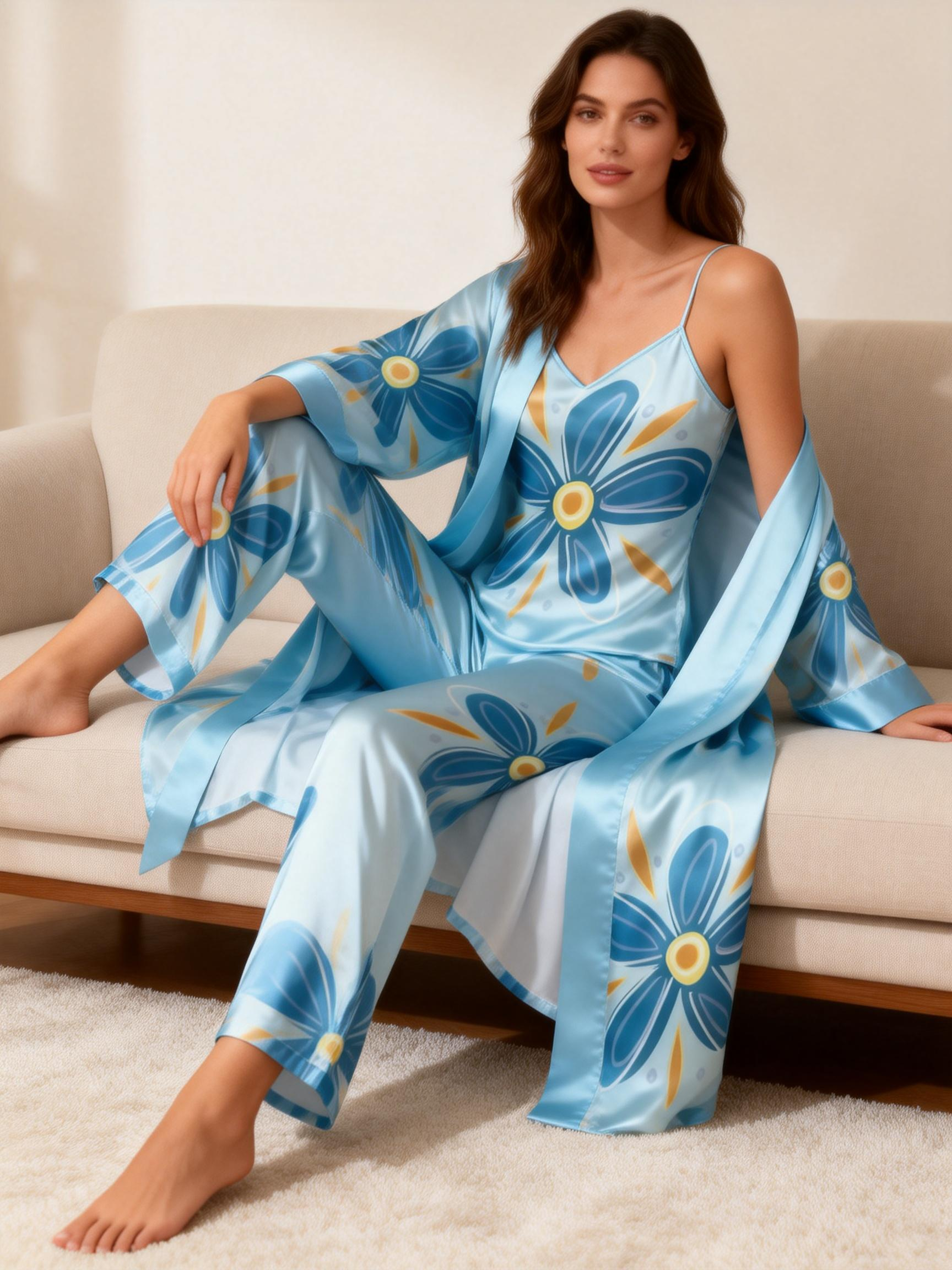 Satin 3 PCS Lounge Set-Women's Abstract Floral
