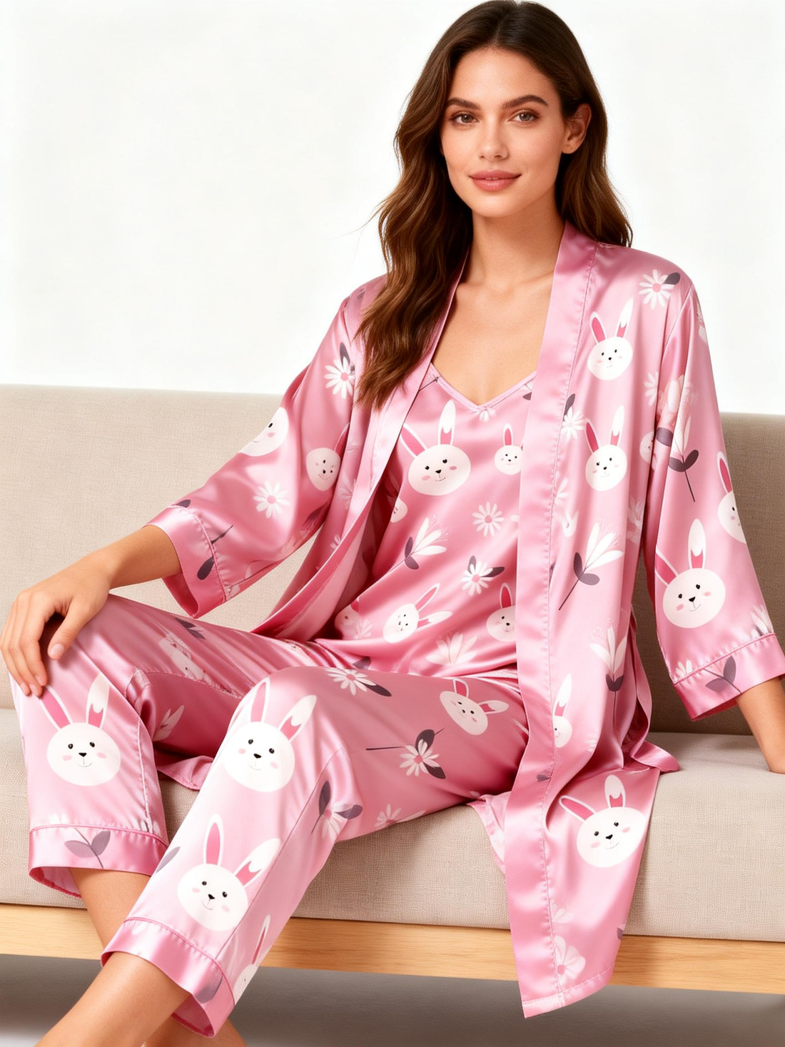Women's 3pcs Rabbit Satin Sleepwear