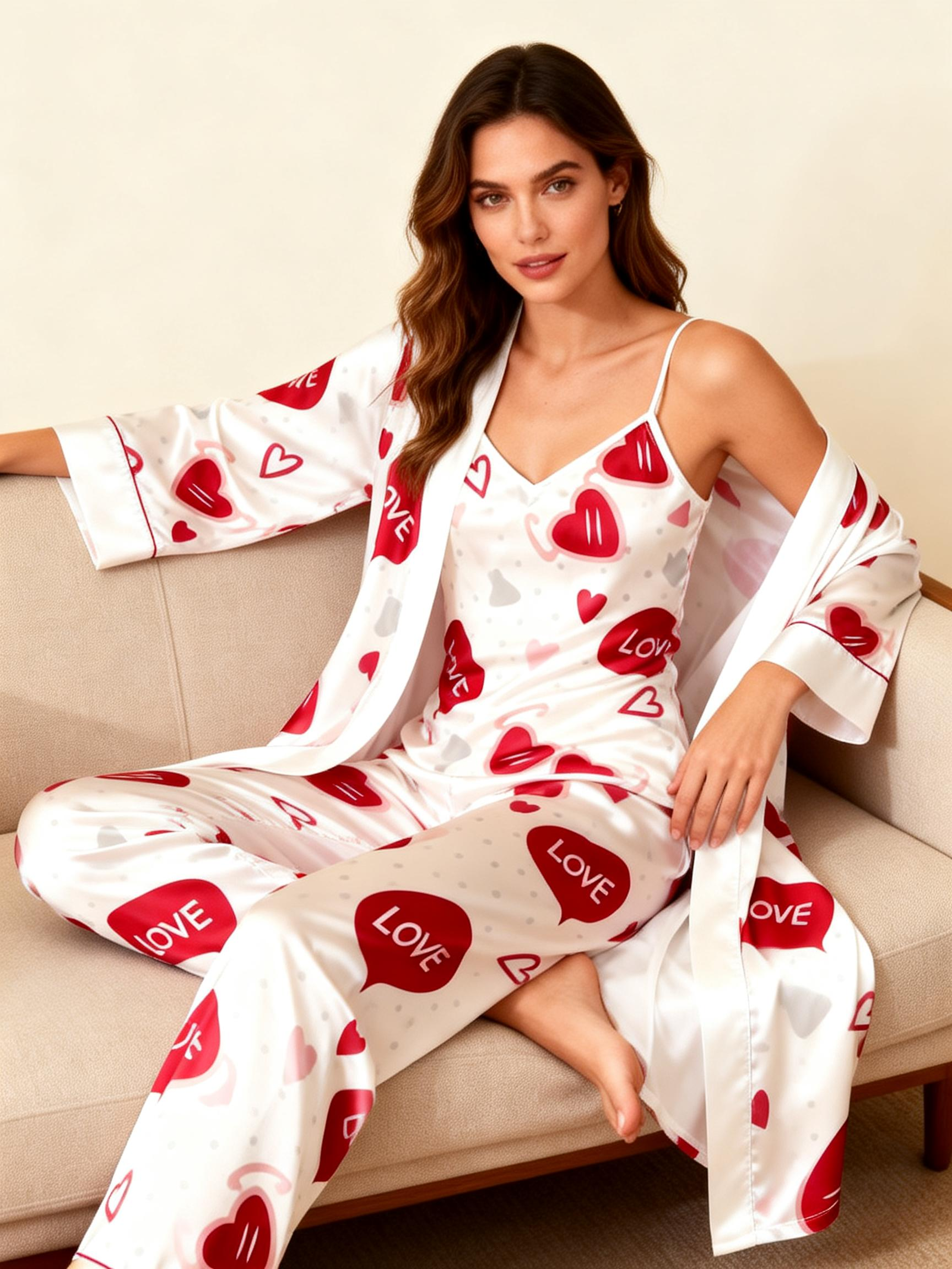 Women's 3pcs Adorable Heart Print Sleep Set