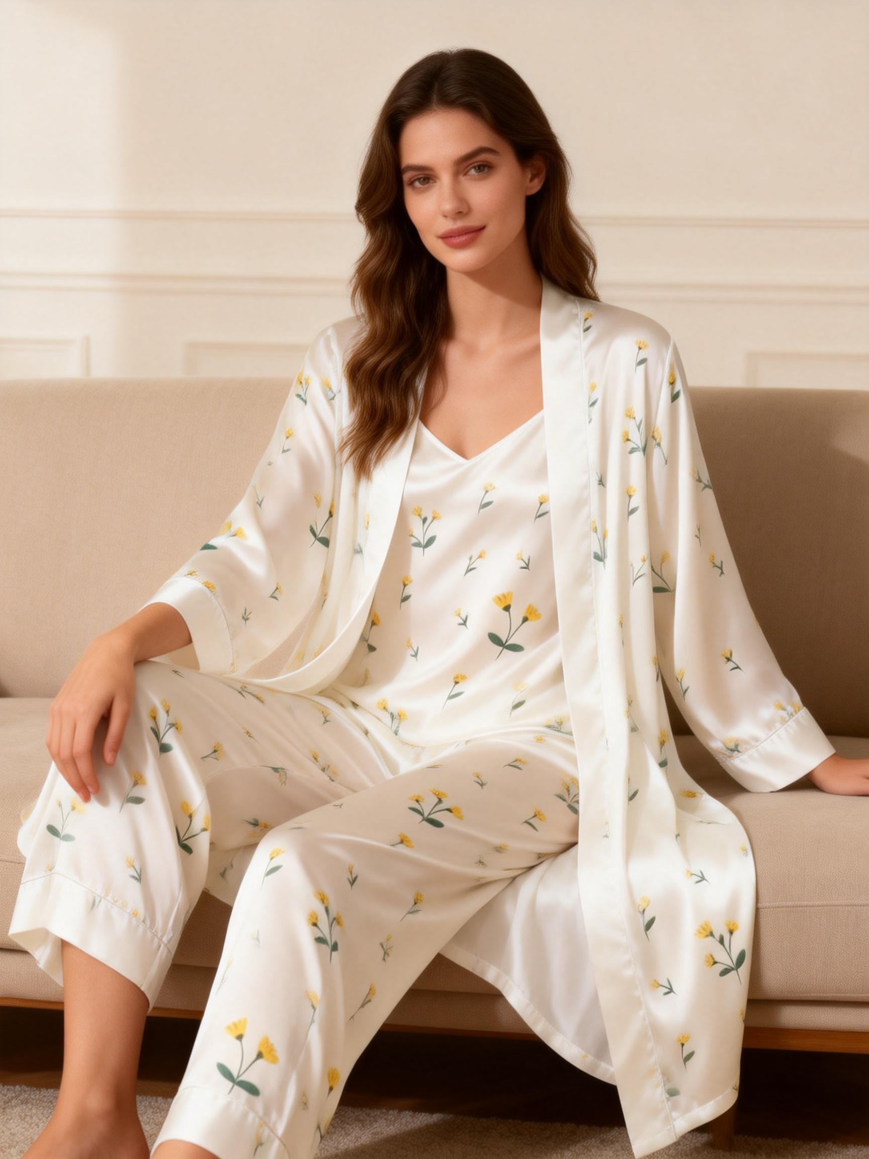 Women's 3-Piece Minimal Floral Design Satin Loungewear