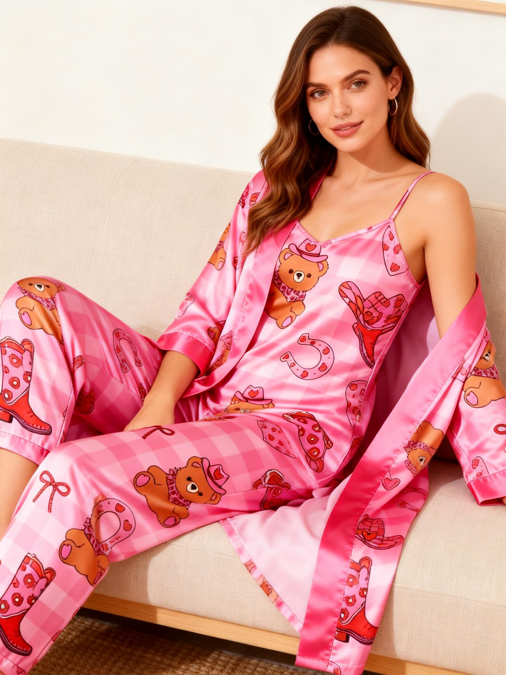 Women's Elegant Satin Hot Pink Pajama Lounge Set
