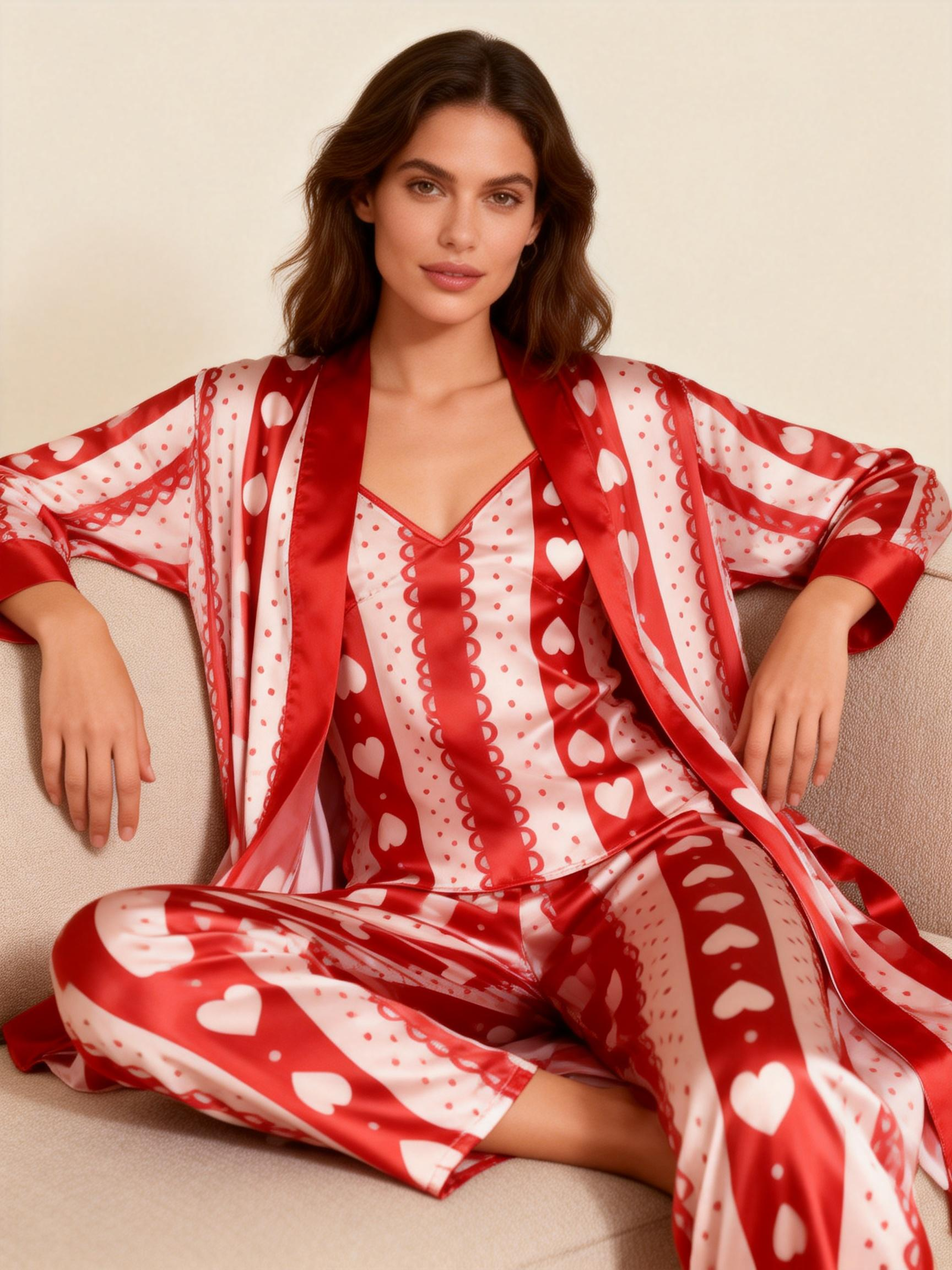 Women's Cute Heart Pajama Set-Satin Robe, Camisole & Pants
