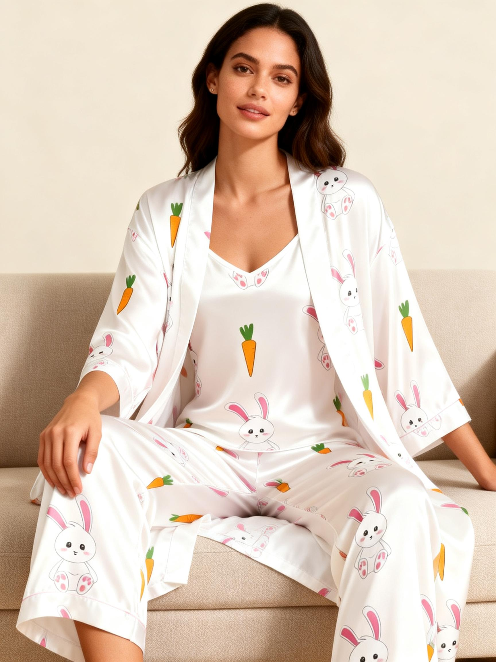 Women's Cute Rabbit Pajama Set-Satin Robe, Camisole & Pants