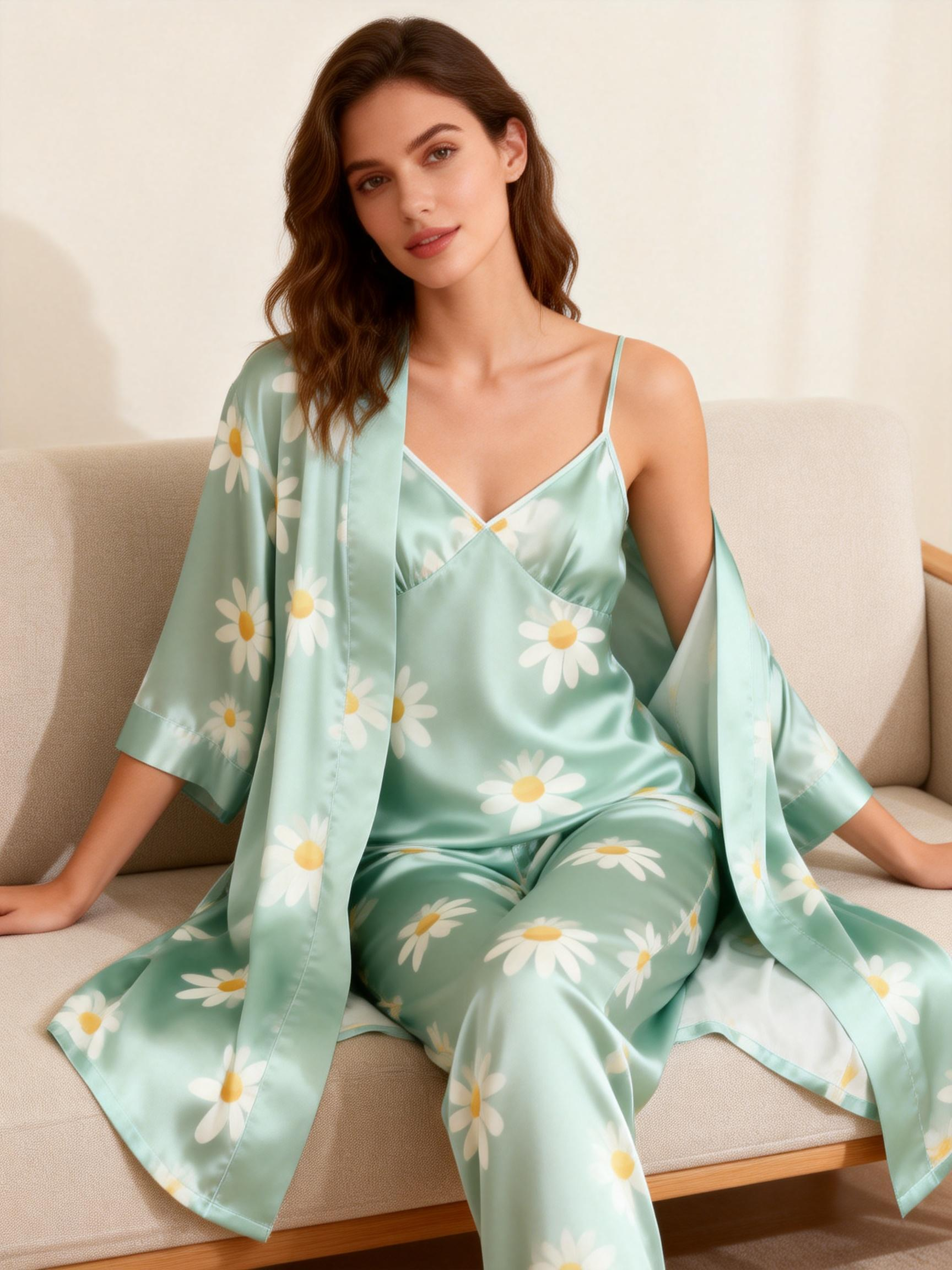 Women's Pajama Set-Satin 3-Piece Daisy Style