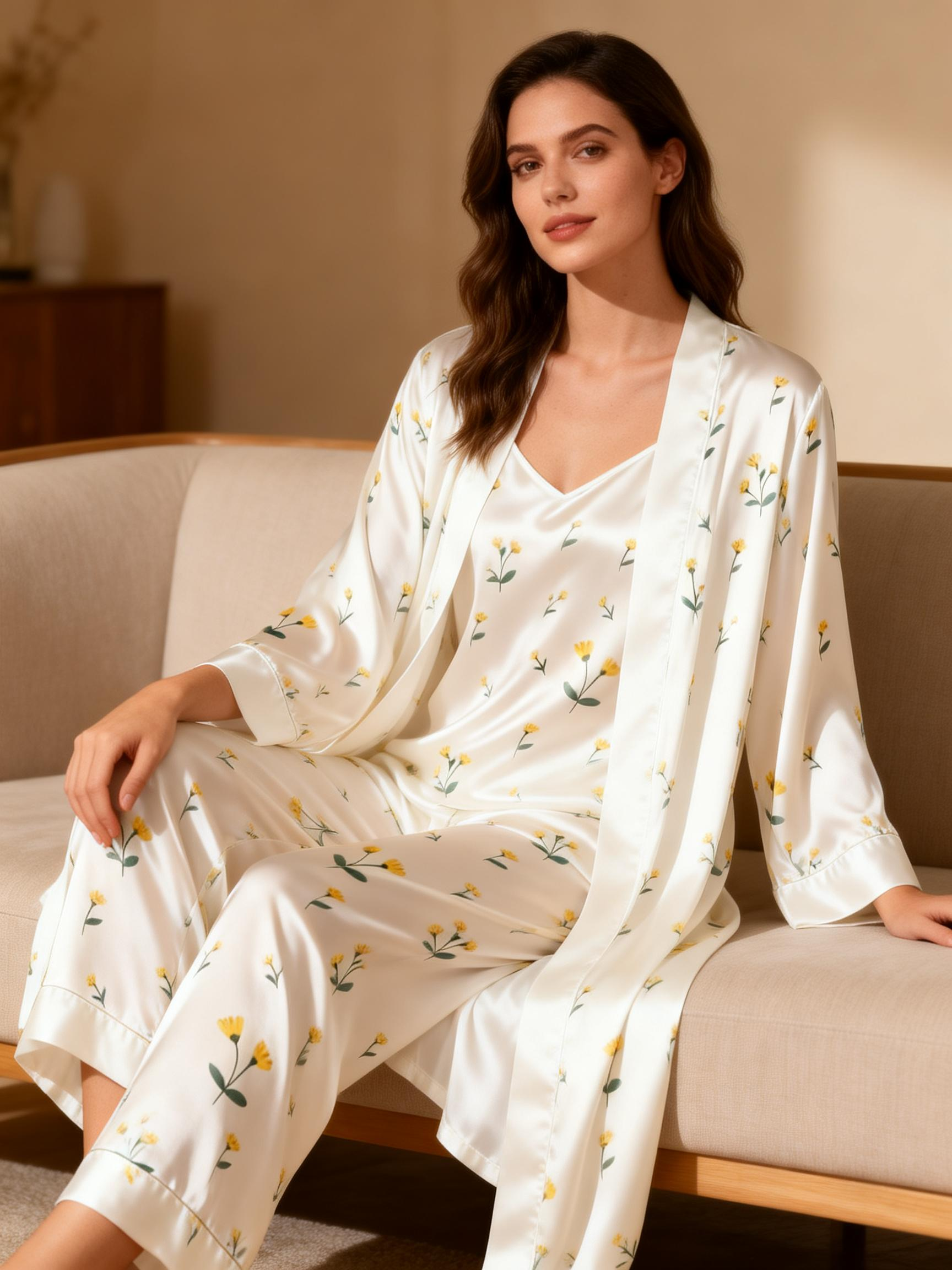 Women's 3-Piece Minimal Floral Design Satin Loungewear