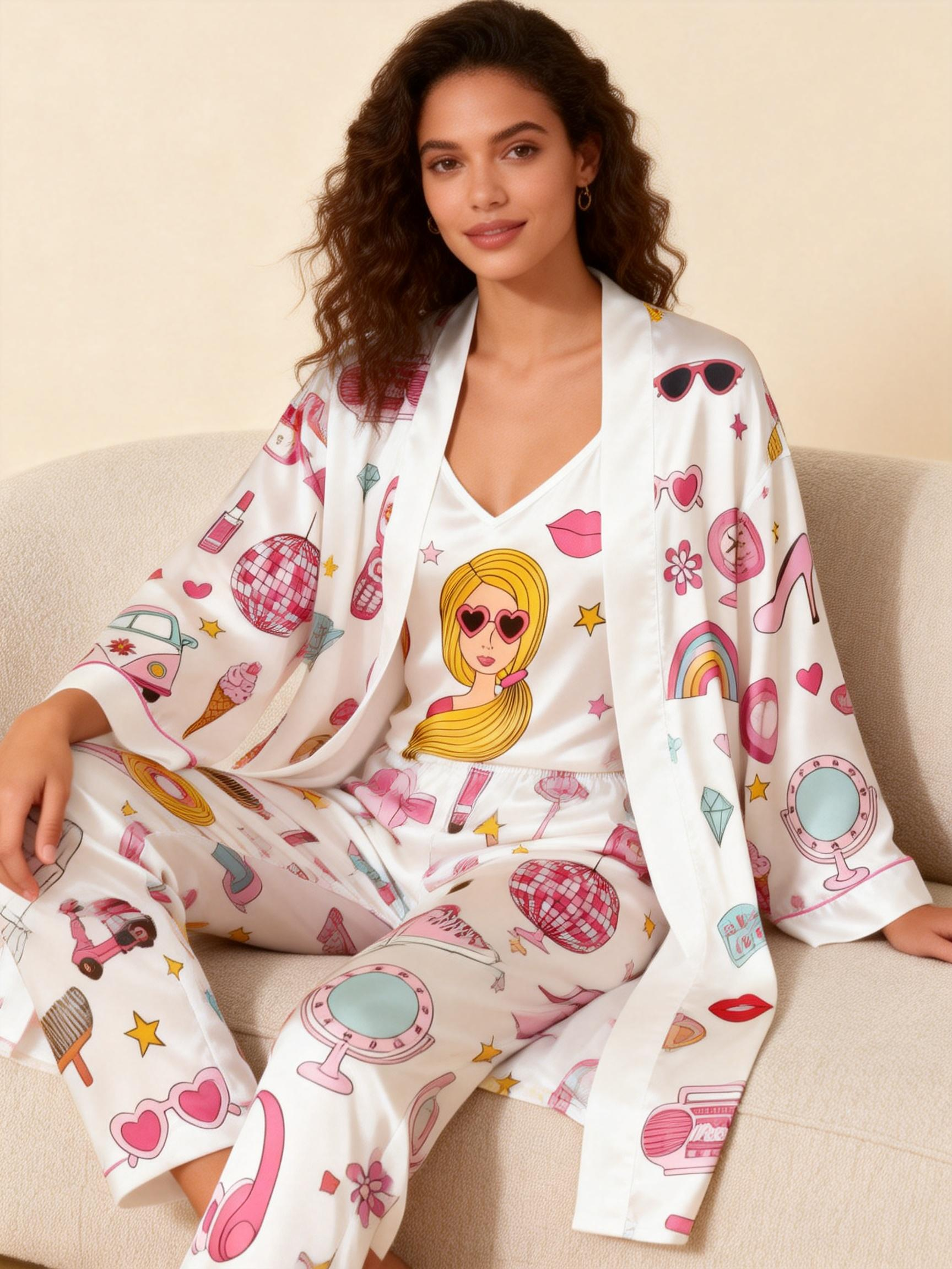 Chic Satin Nightwear-Women's 3 PCS Robe, Cami, Pants