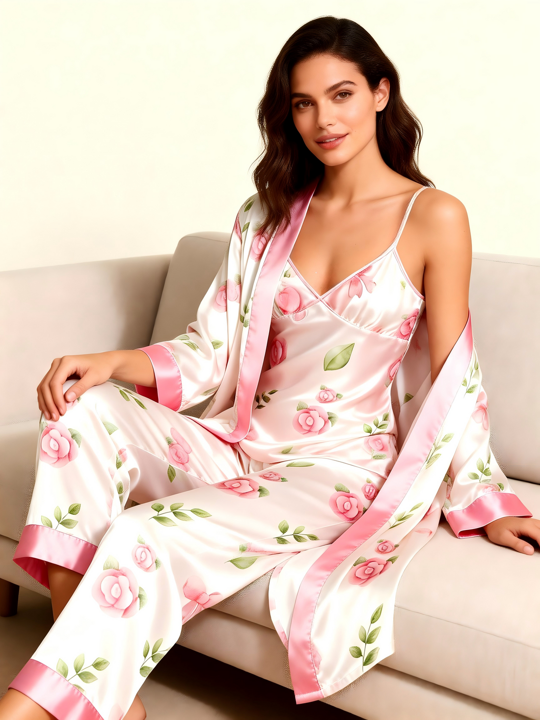 Women's 3-Piece Floral Satin Sleep Set: Robe+Cami+Pants