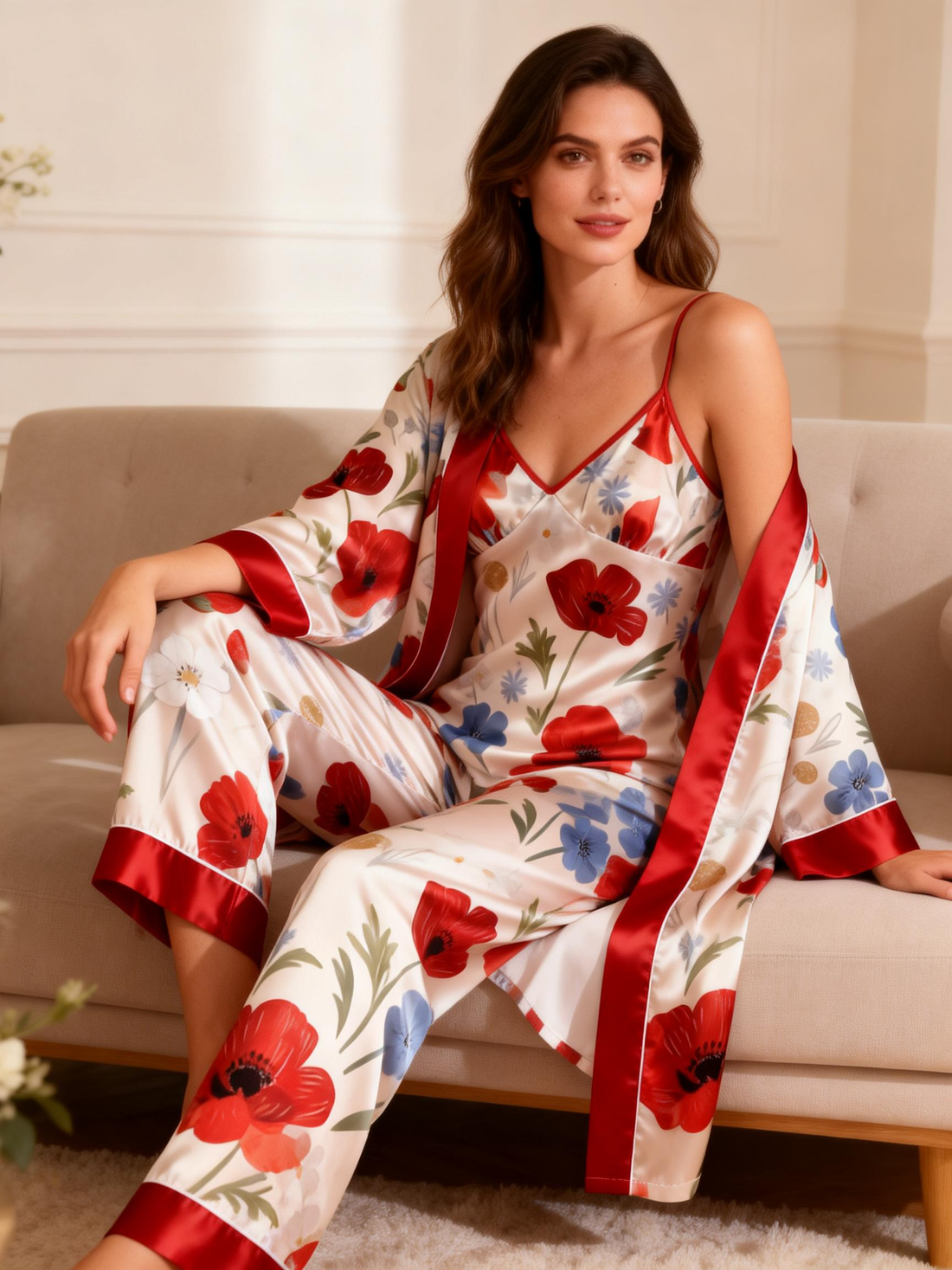 Women's Silk-Look Pajamas-3-Piece Satin Set with Bright Floral Prints
