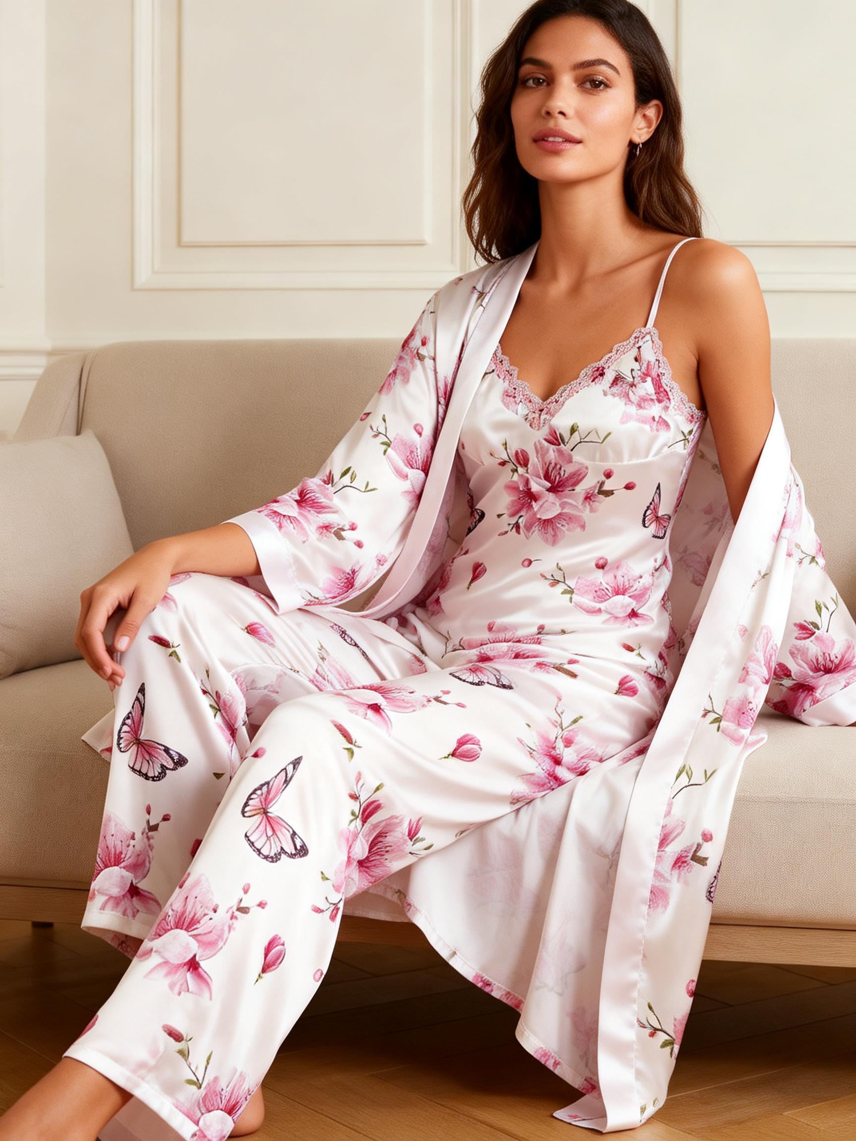 Women's 3-Piece Pink Floral Satin Lounge Outfit